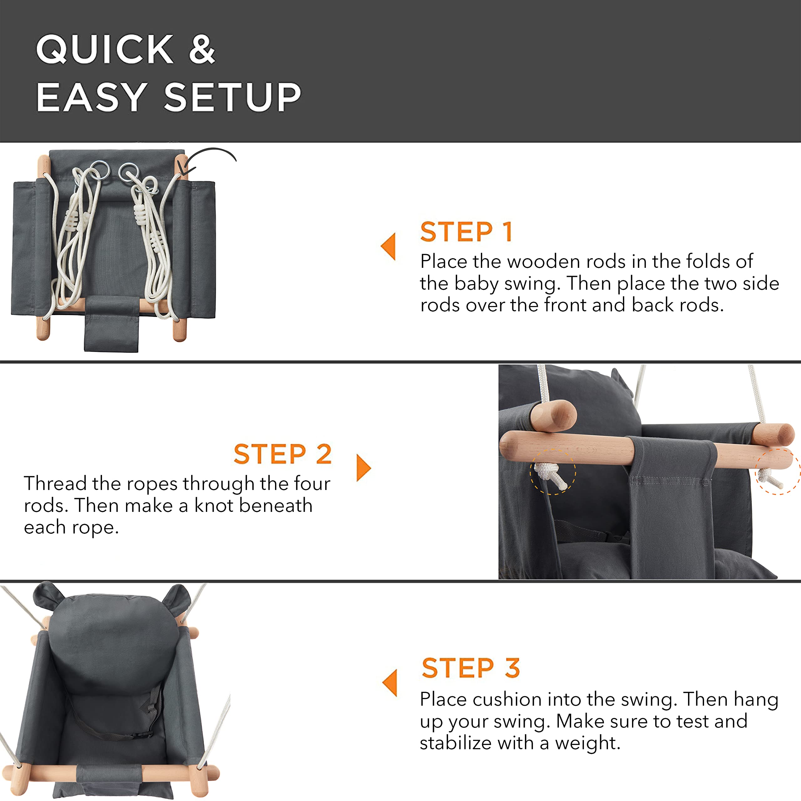 Secure Baby Swing Seat with Safety Belt - Baby Canvas and Wooden Swing Chair with Ear Décor Cushion - Hanging Indoor Swing for Infants & Baby Swing Outdoor - Tree Toddler Swing for Backyard Outside