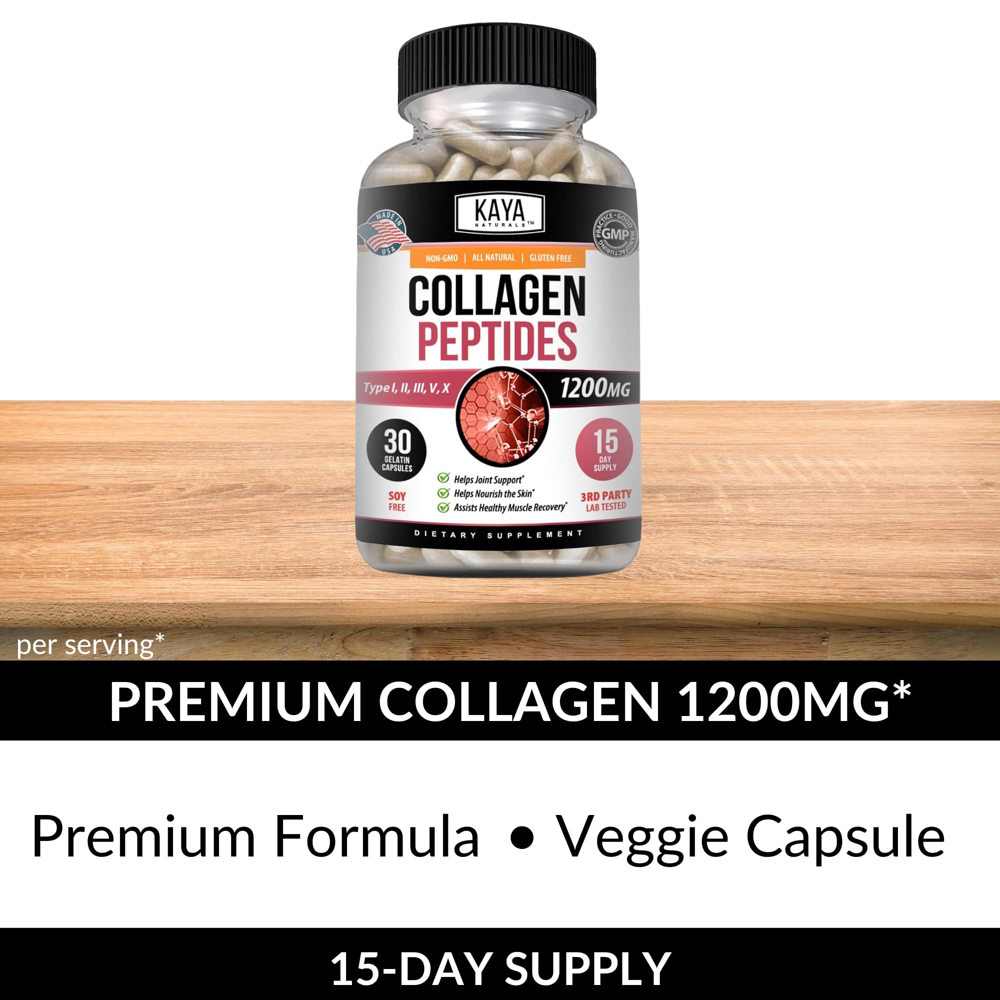 Kaya Naturals Multi Collagen Peptides Complex Powder for Women and Man, Vital for Hair, Skin, Nails, and Anti-Aging, Types I, II, III, V & X Collagen Protein Blend | Capsules - 30 Count Supplement