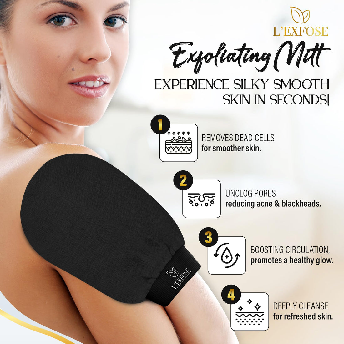 L'Exfose Kessa Hammam Deep Exfoliating Glove 2pc - Korean Exfoliating Mitt for Shower Ideal for Dead Skin Remover, Keratosis Pilaris & Self-Tanning to Improve Skin Tone Made with 100% Natural Viscose