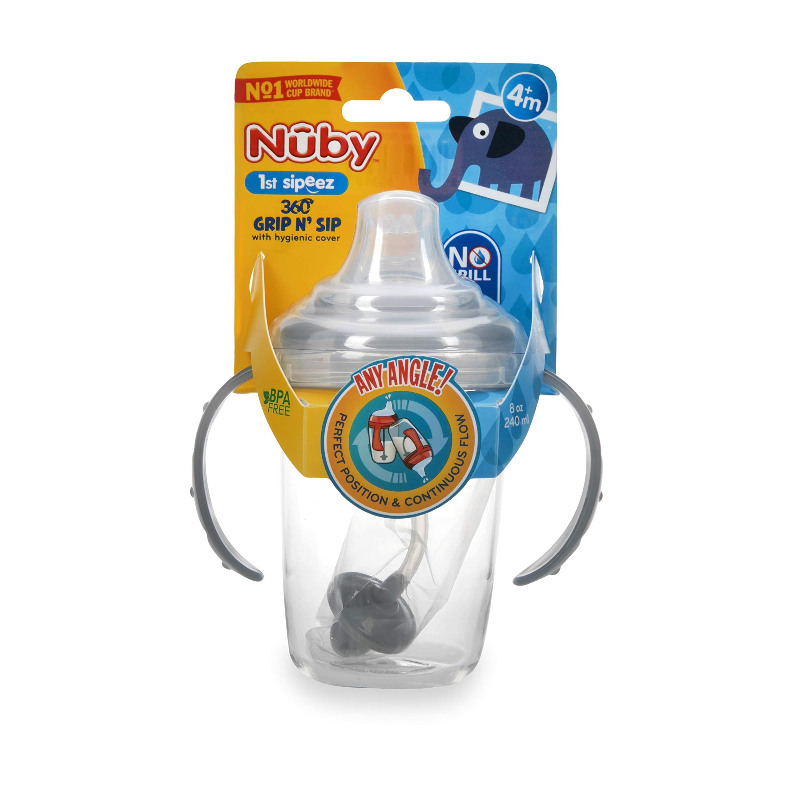 Nuby Twin Handle 360 Grip N' Sip 8oz Tritan Cup with Hygienic Cover, Grey,1 Count (Pack of 1)