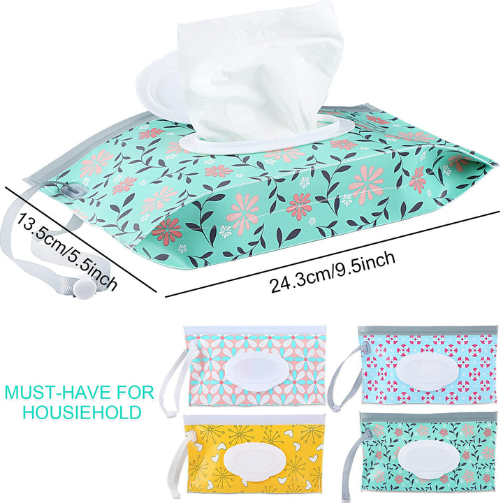 FEBSNOW 4 Pack Baby Wipe Dispenser, Portable Refillable Wipe Holder, Baby Wipes Container, Wipe Dispenser, Reusable Travel Wet Wipe Pouch (Floral)