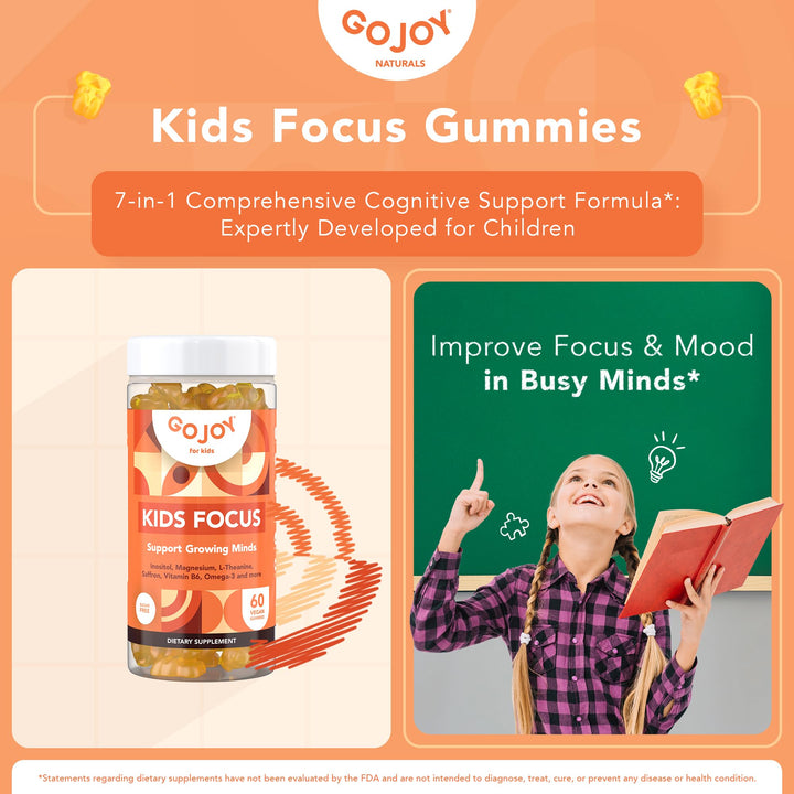 GOJOY NATURALS Kids Focus Gummies - 7-in-1 Focus & Attention Supplement for Kids & Teens w/Inositol, Magnesium Glycinate, L-Theanine, Saffron & More - Vegan, Gluten & Sugar-Free, Non-GMO