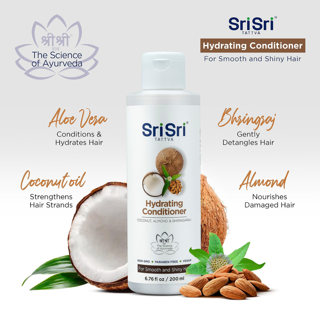 SRI SRI TATTVA Hydrating Conditioner for Smooth and Shiny Hair – Ayurvedic Hair Conditioner with Bhringraj and Aloe Vera to Restore Hair Shine and Moisture – Natural Hair Care Treatment (200 ml)