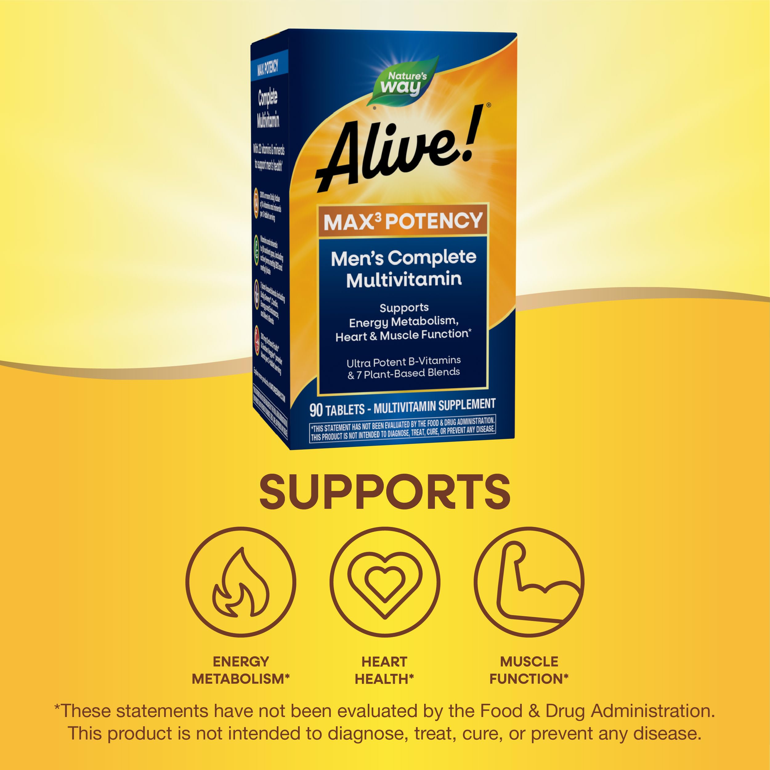 Nature’s Way Alive! Men’s Max3 Potency Multivitamin, Supports Energy Metabolism*, Heart & Muscle Function*, with Methylated B12 and Folate, Gluten-Free, 90 Tablets (Packaging May Vary)