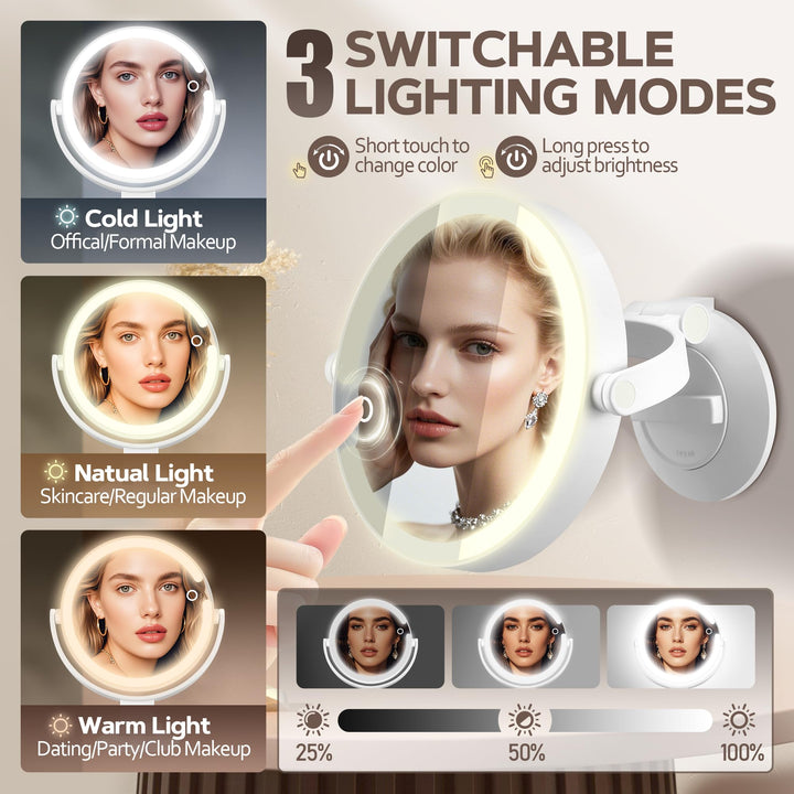 MOMOKUBA Magnifying Mirror with Light 20X, LED Bathroom Mirror with 3 Lighting Modes, Rotation Wall Mounted Makeup Mirror, Rechargeable Mirror with Lights and Suction Cup, for Home, Bathroom, Travel