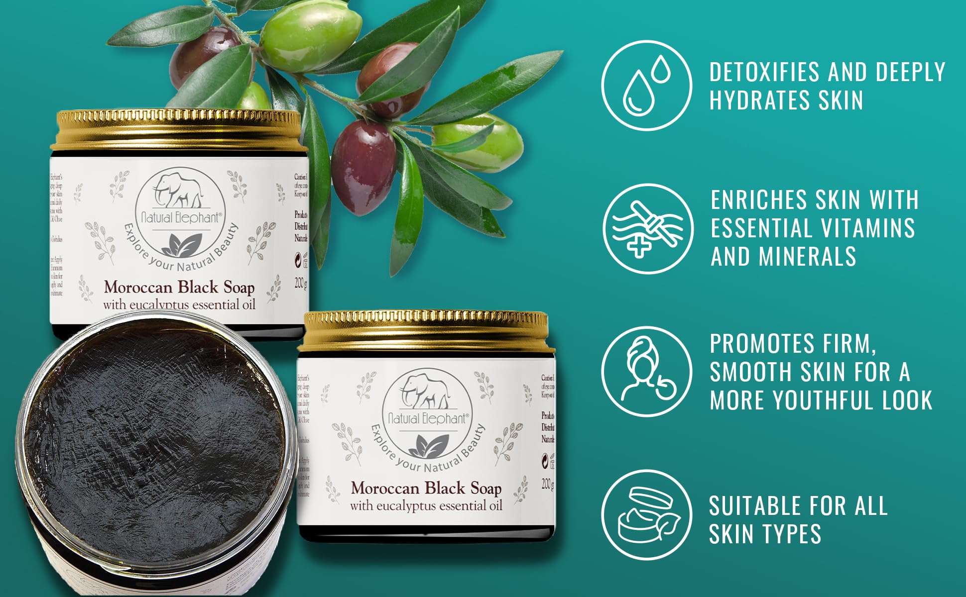 Natural Elephant Moroccan Black Soap With Eucalyptus Essential Oil 200G (7Oz)