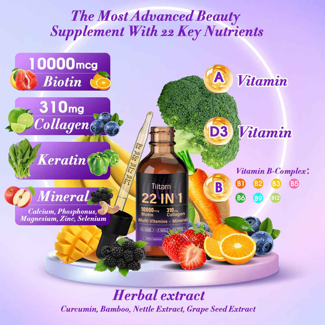 Liquid Biotin, Collagen & Hyaluronic Acid – Hair Growth Vitamins for Men and Women Supports Hair, Skin & Nails | Vitamin B Complex |