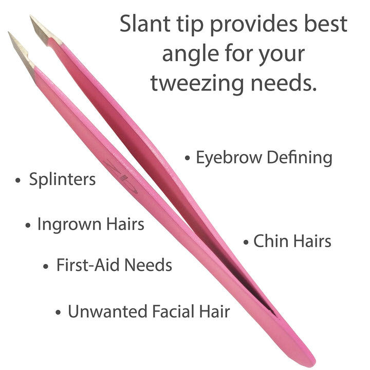 Tweezers – Surgical Grade Stainless Steel - Slant Tip for Expert Eyebrow Shaping and Facial Hair Removal – with Protective Pouch (Bubblegum Pink)
