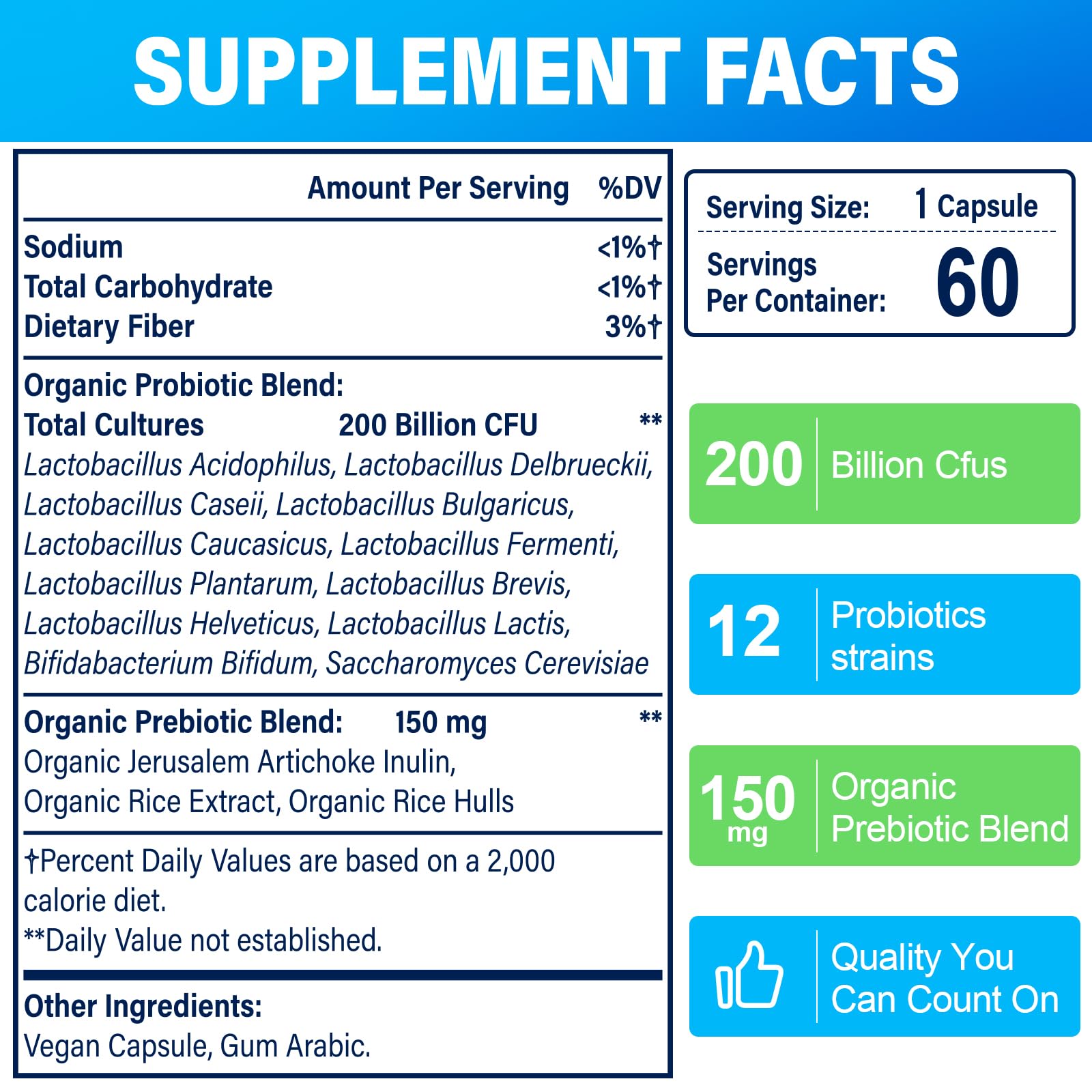 200 Billion Cfus 12 Strains Probiotic, with 3 Organic Prebiotics, Probiotics for Women Men, Daily Supplement for Immune, Gut, Digestive Health, Shelf Stable, Non GMO, 240 Caps (240-Days Supply)
