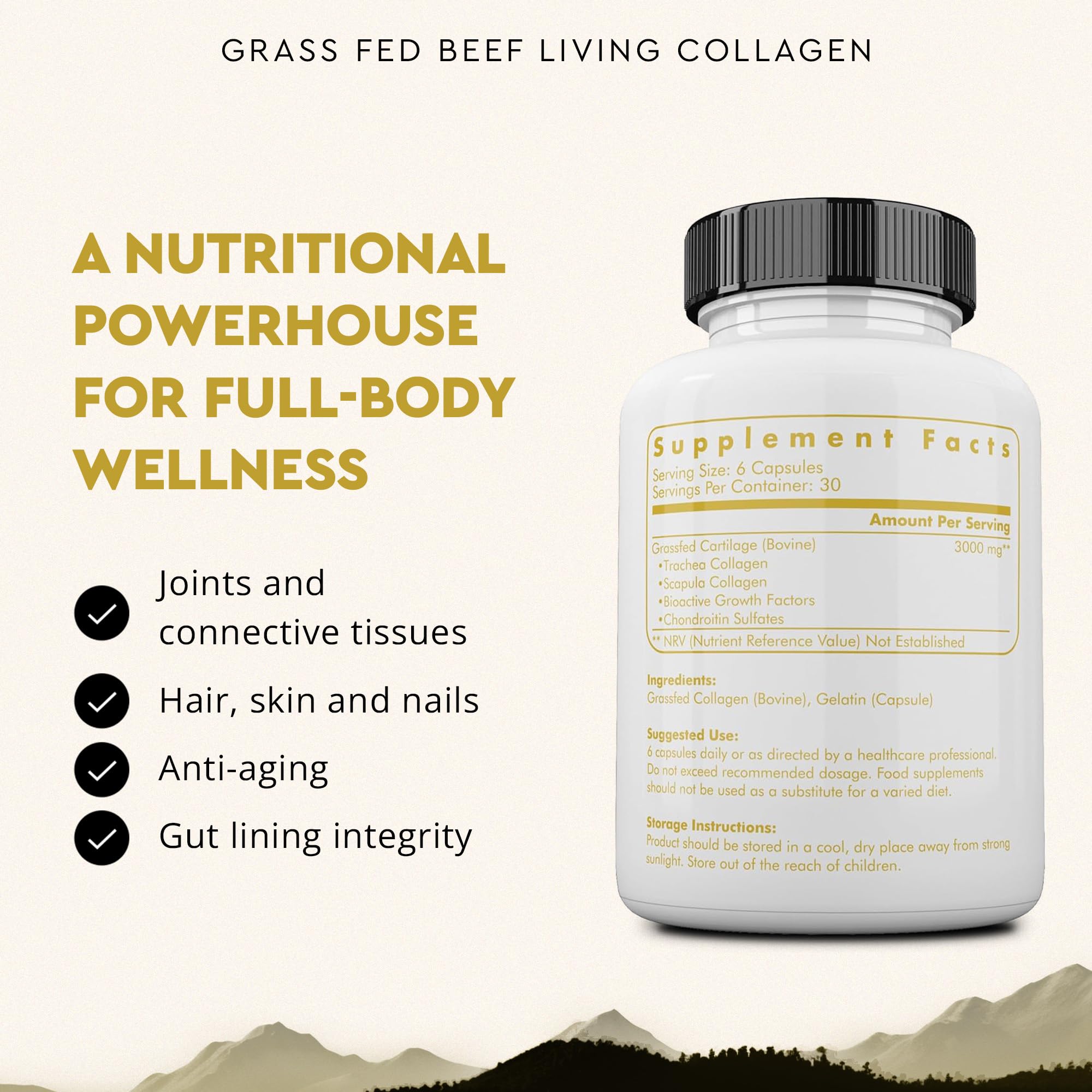 Ancestral Supplements Grass Fed Beef Living Collagen Nutritional Powder Supplement, 3000mg, Promotes Healthier, Younger Looking Skin, Hair, Nails and Joints, Type II, 180 Capsules