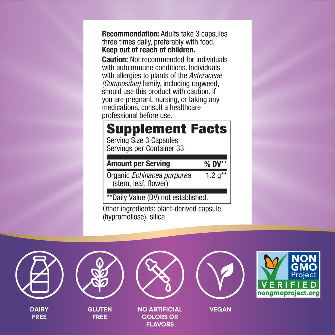 Nature's Way Echinacea Purpurea Herb, Immune Support Supplement*, 1200 mg per 3-capsule serving, Non-GMO Project Verified, Vegan, 100 Capsules (Packaging May Vary)