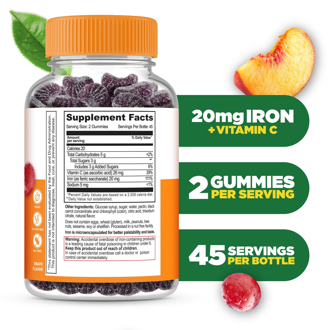 Lifeable Iron Gummies | 20mg | with Vitamin C | Great Tasting Blood Builder Iron Supplement | Iron with Vitamin C for Iron Deficiency | Iron Gummies for Women, Men, Adults | 90 Gummies