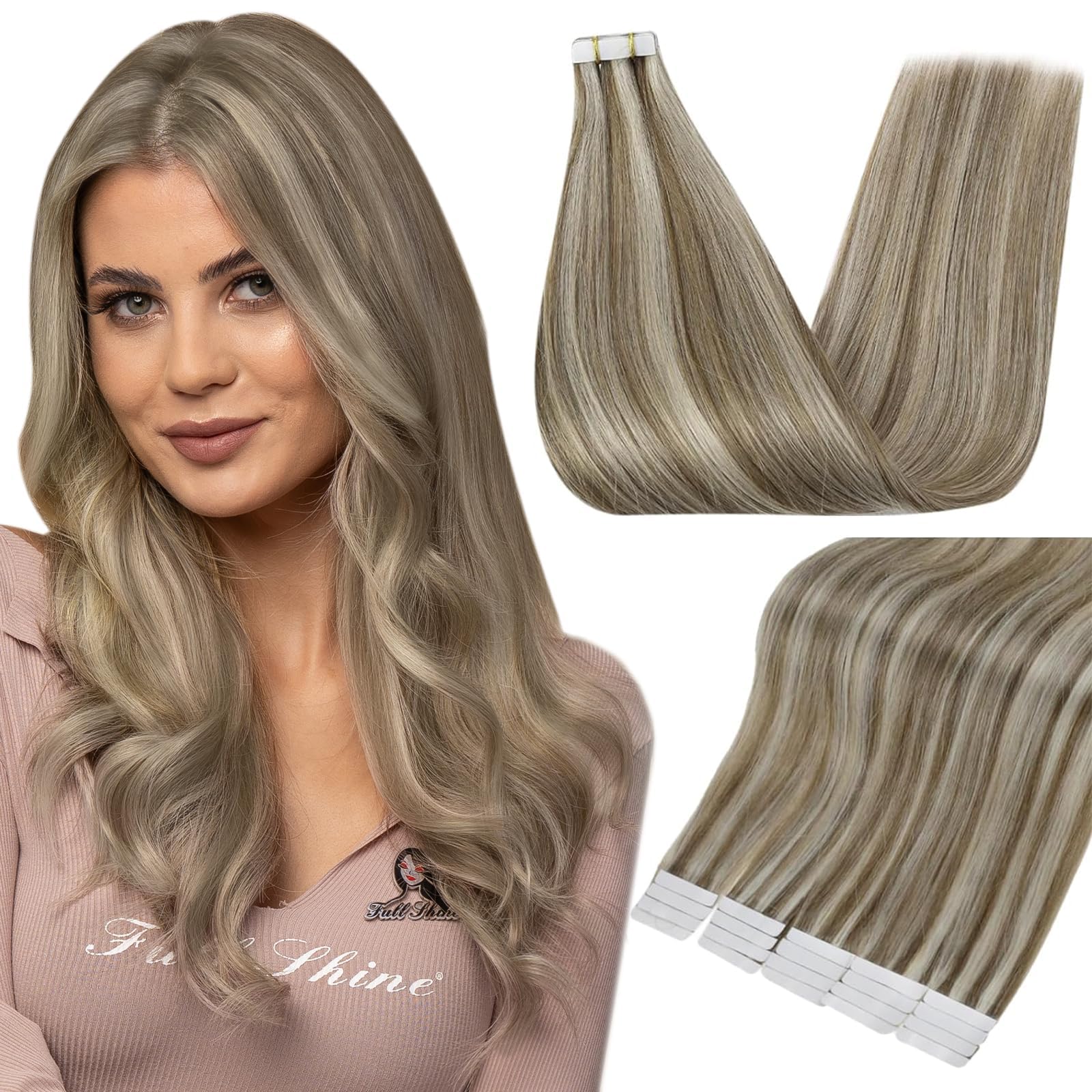 Fshine Seamless Tape Hair Extensions 14 Inch Tape in Remy Hair Highlighted Tape in Real Hair Color 8P60 Blonde Glue in Tape Hair Extensions 50 Grams Straight Hair 20Pcs