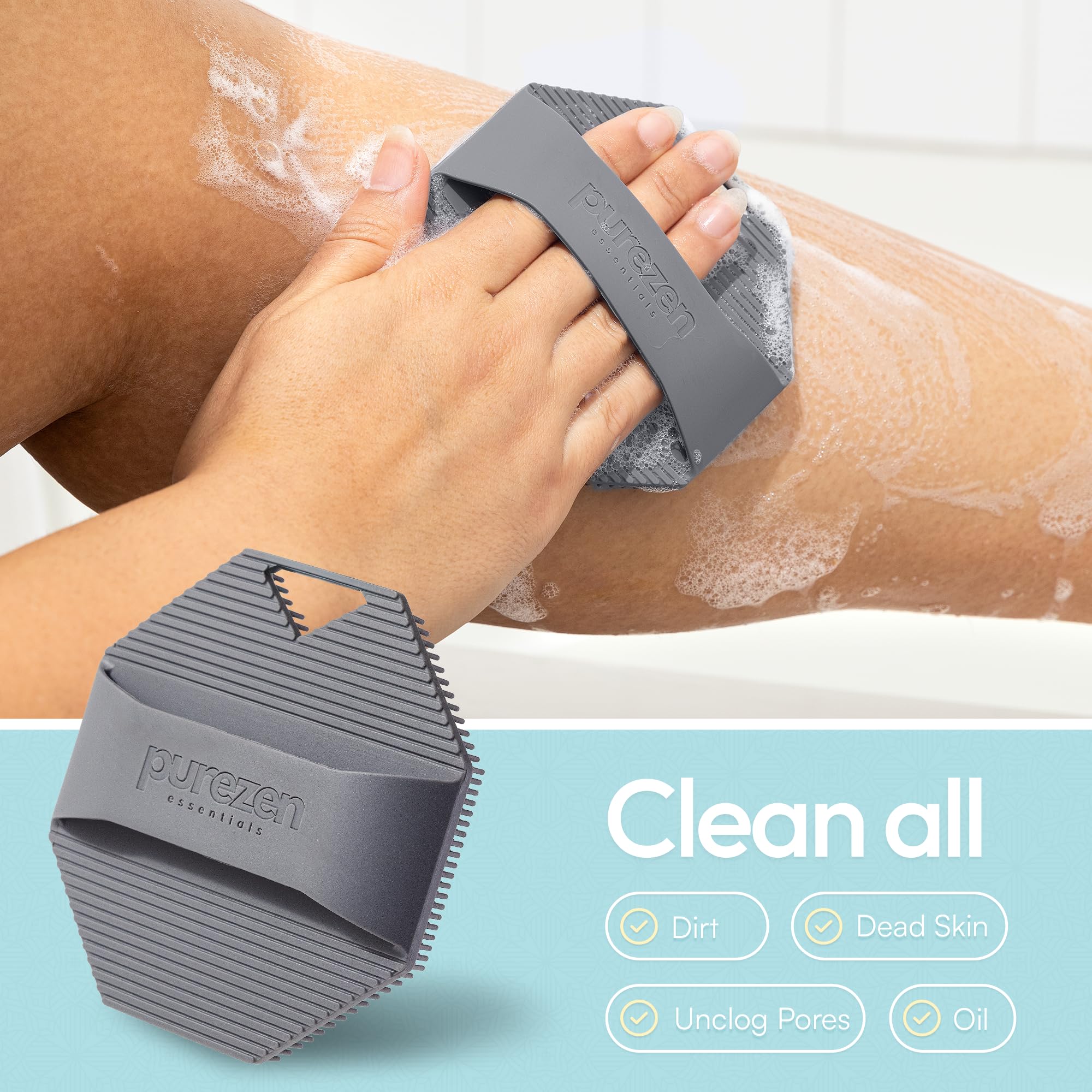 Pure Zen Essentials Silicone Body Scrubber, Exfoliating Body Scrubber for All Skin Types, Eco Friendly Massaging & Exfoliating Shower Scrubber with Soft Bristles, Travel Essentials, Loofah Alternative