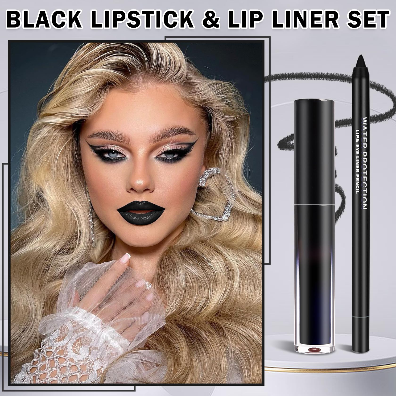 AOAZXBB Black Lipstick Black Lip Liner Set Matte Lipstick 2PCS Long Lasting Lip Stain and Lip Liner Set for Halloween Cosplay Goth Makeup