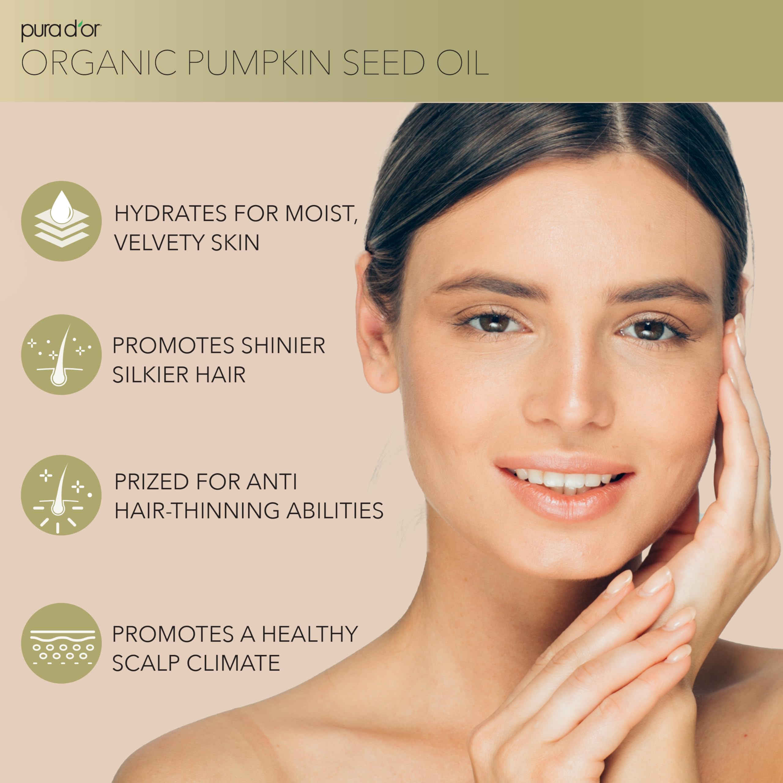 PURA D'OR 4 Oz Organic Pumpkin Seed Oil - 100% Pure USDA Certified Premium Grade Body Oil & Hair Growth Serum - After Shower Body Oil For Women & Men - Cold Pressed, Unrefined, Hexane-Free Skin Oil