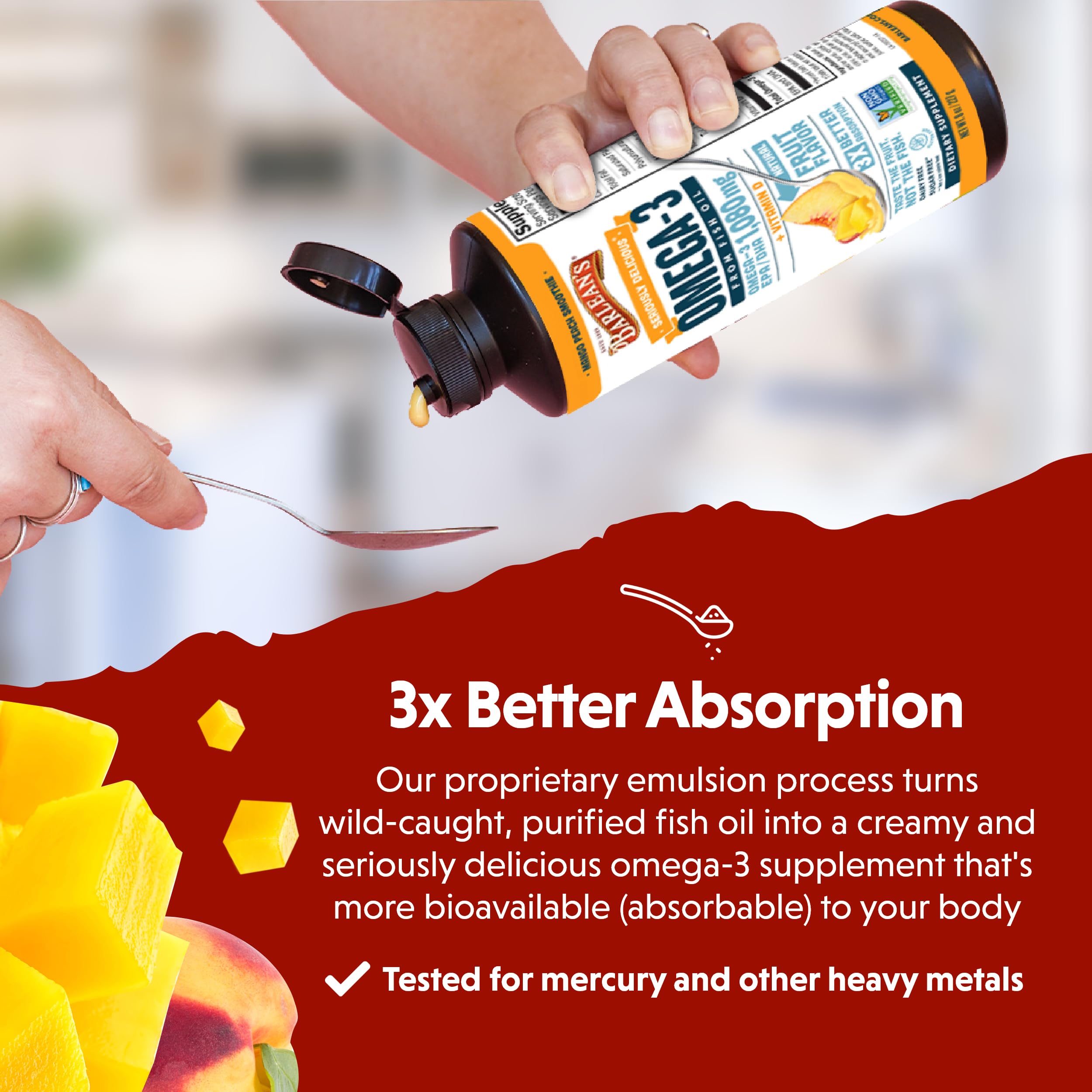 Barlean's Mango Peach Omega 3 Fish Oil Liquid Supplement with Vitamin D, 1080mg EPA & DHA Fatty Acid, Smoothie Flavored & Burpless for Brain, Joint, & Heart Health, 16 oz