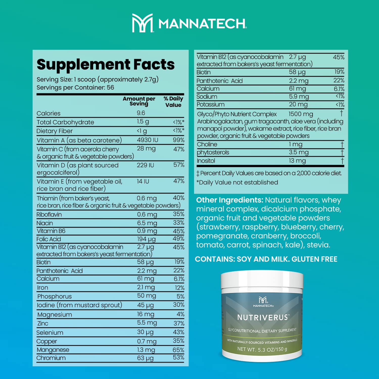 NutriVerus Glyconutritional Supplement, 5.3oz/150g with Naturally Sourced Vitamin A, Vitamin C, Vitamin B Complex and Vitamin D. Rich in Antioxidants Supplement and Promotes Immune Support Supplement