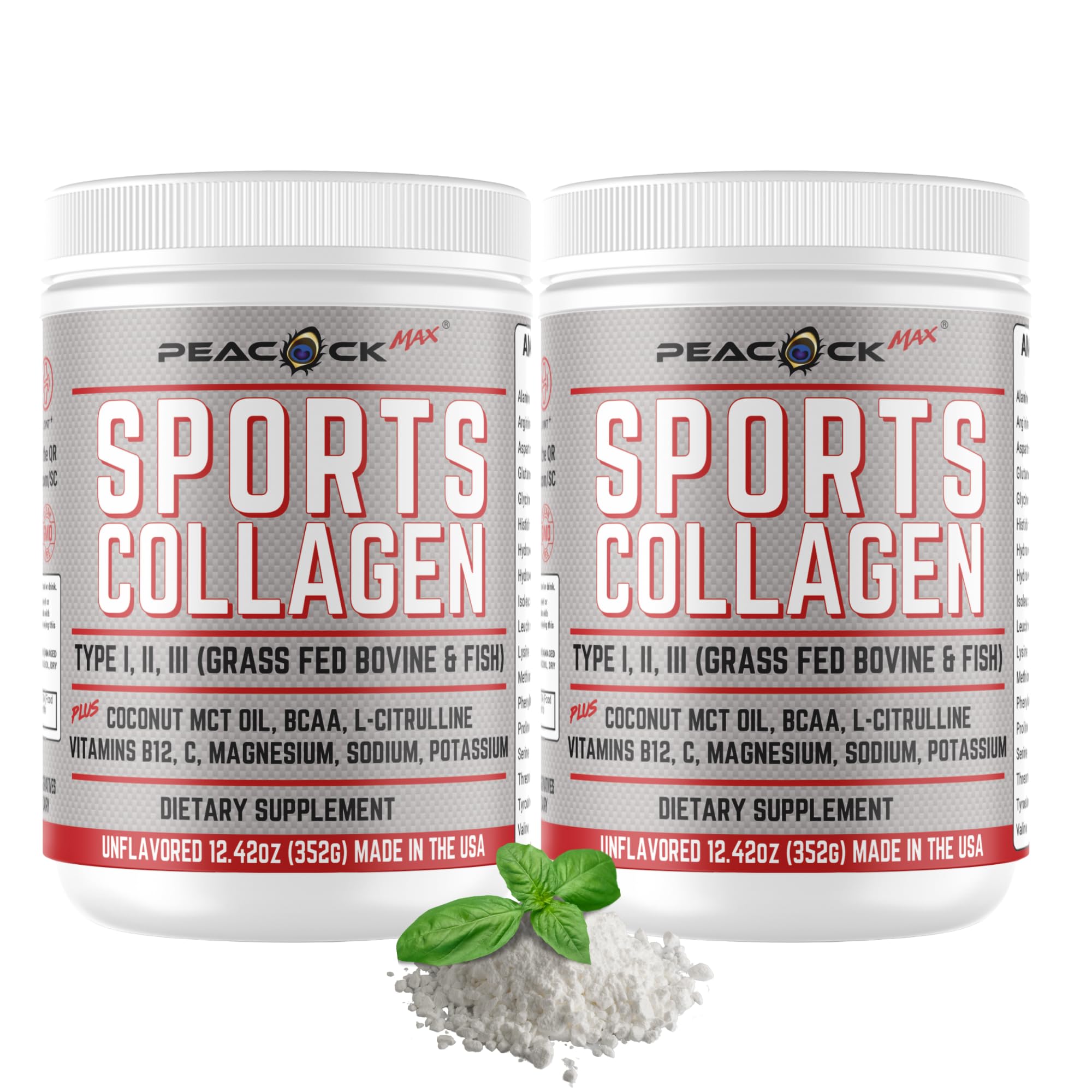 Peacock Max Sports Collagen Powder, 12.42 oz, Pack of 2 - Grass Fed Bovine & Wild Fish Hydrolyzed Type I, II, III Multi Collagen Peptides, Unflavored Protein Powder with BCAA, Magnesium & Electrolytes
