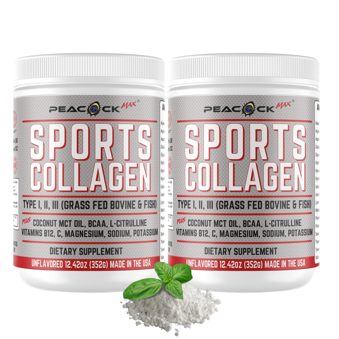 Peacock Max Sports Collagen Powder, 12.42 oz, Pack of 2 - Grass Fed Bovine & Wild Fish Hydrolyzed Type I, II, III Multi Collagen Peptides, Unflavored Protein Powder with BCAA, Magnesium & Electrolytes
