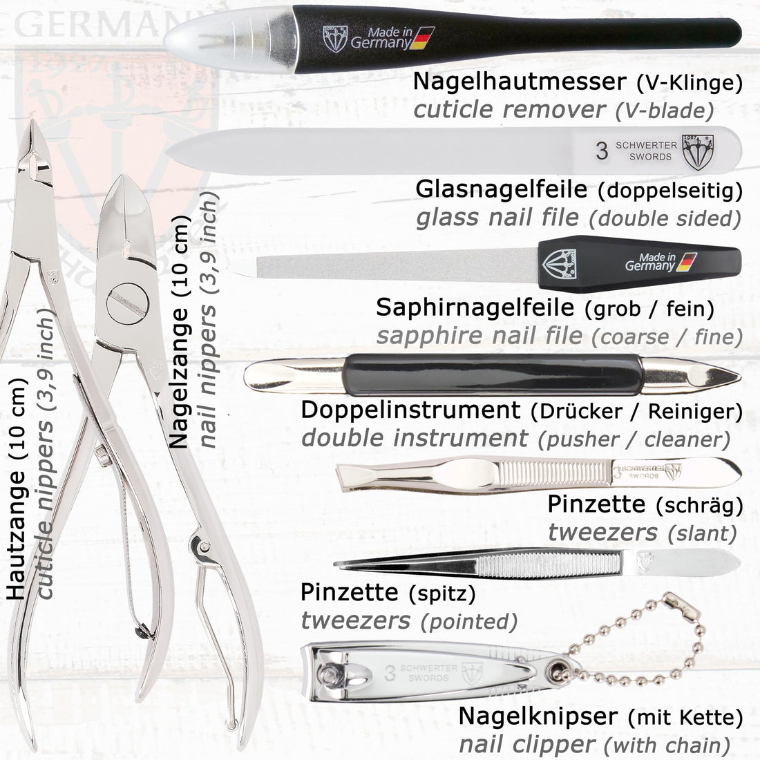3 Swords Germany - brand quality 11 piece manicure pedicure grooming kit set for professional finger & toe nail care scissors clipper genuine leather case in gift box, Made in Solingen Germany (03669)