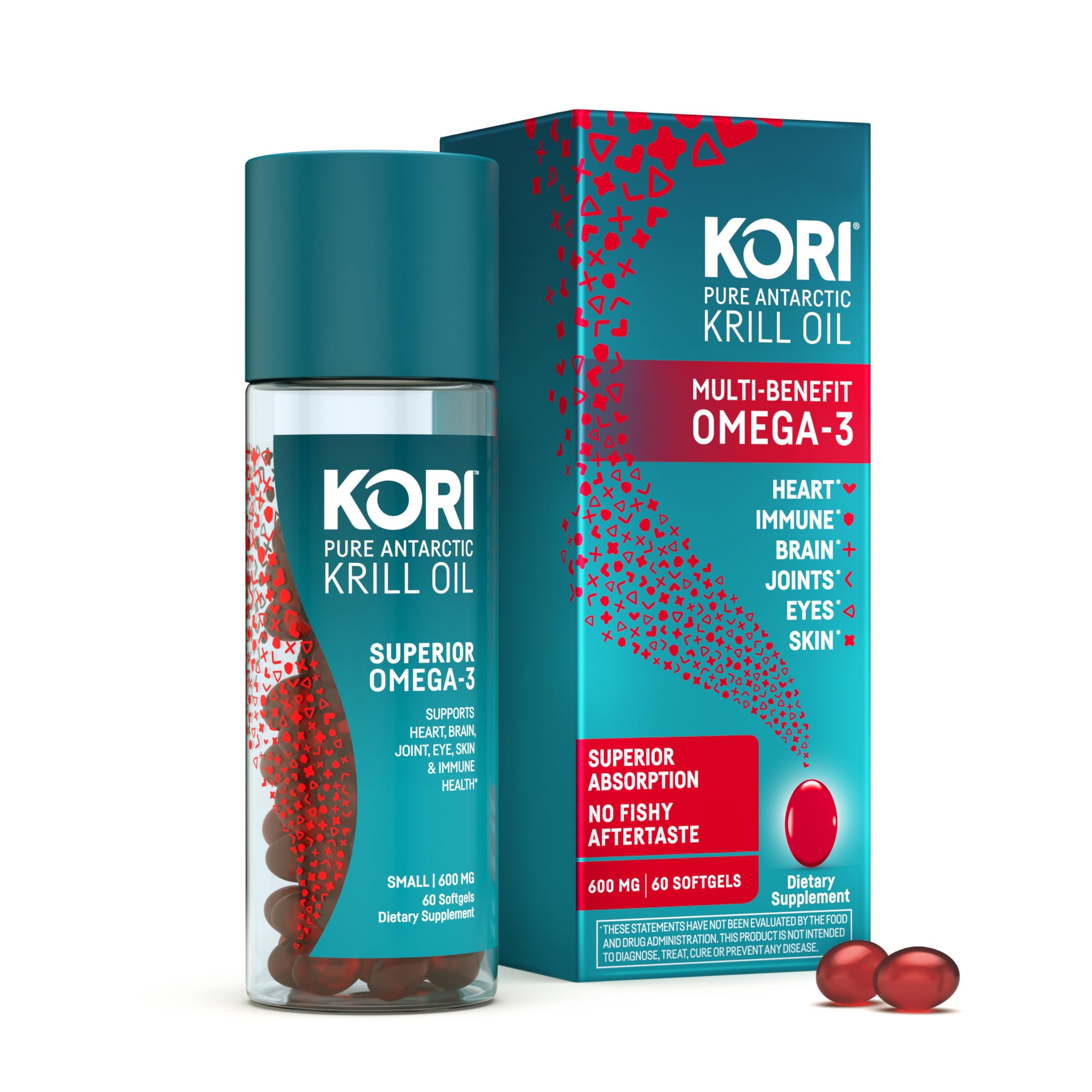 Kori Krill Oil Omega 3 Superior Absorption Oil Supplement, EPA & DHA, 600 mg, 60 Softgels