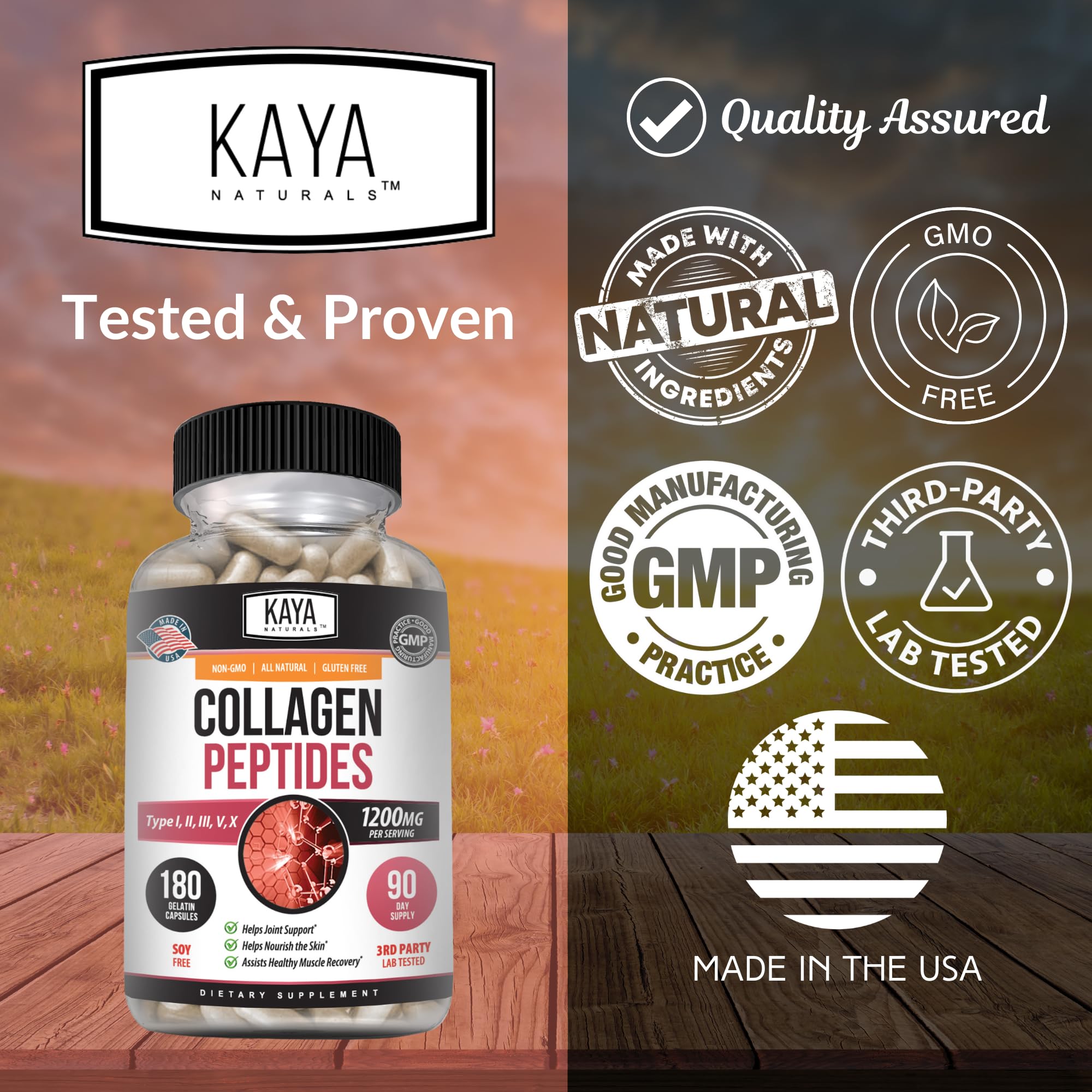 Kaya Naturals Multi Collagen Peptides Complex Powder for Women and Men, Types I, II, III, V & X | 180 Count Capsules