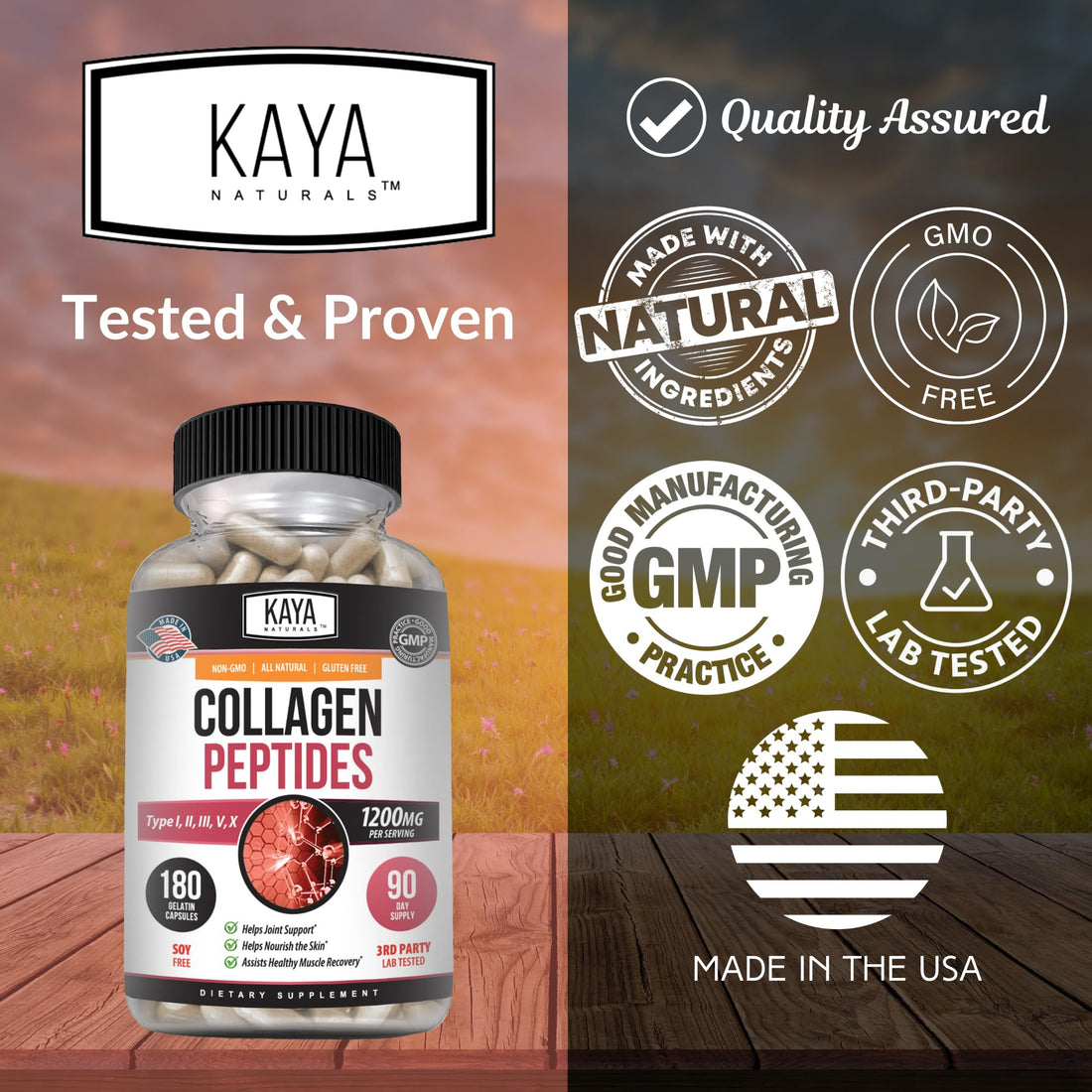 Kaya Naturals Multi Collagen Peptides Complex Powder for Women and Men, Types I, II, III, V & X | 180 Count Capsules