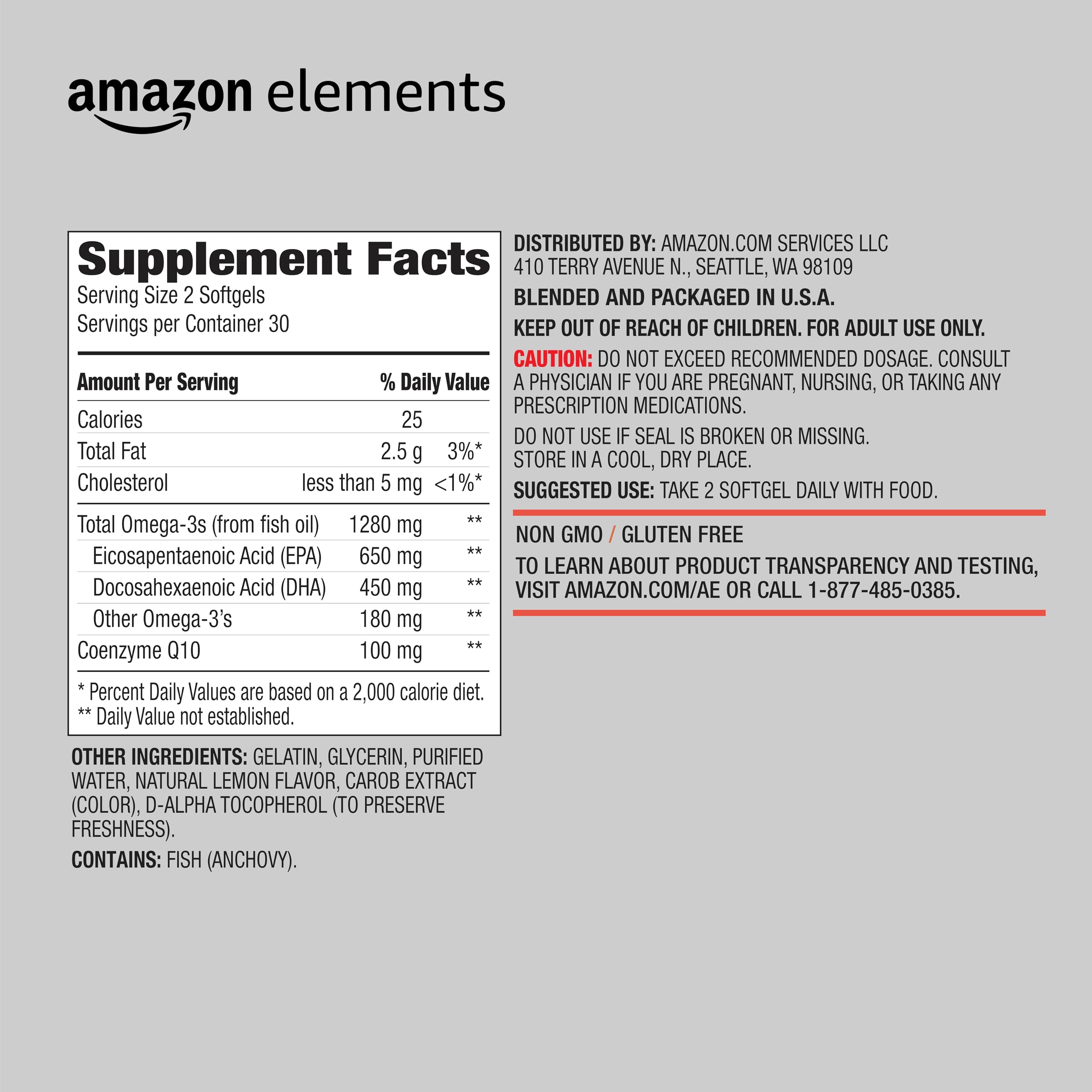 Amazon Elements Omega 3 Wild-caught Fish Oil + CoQ10 with Natural Lemon Flavor, EPA & DHA Omega-3 fatty acids, 60 Softgels (1250 mg Omega 3s and 100 mg CoQ10 per serving)