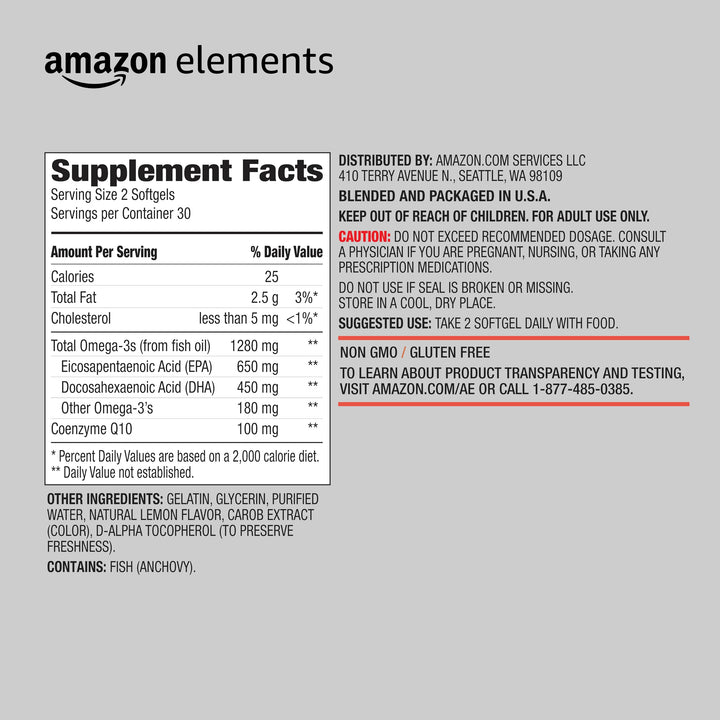 Amazon Elements Omega 3 Wild-caught Fish Oil + CoQ10 with Natural Lemon Flavor, EPA & DHA Omega-3 fatty acids, 60 Softgels (1250 mg Omega 3s and 100 mg CoQ10 per serving)