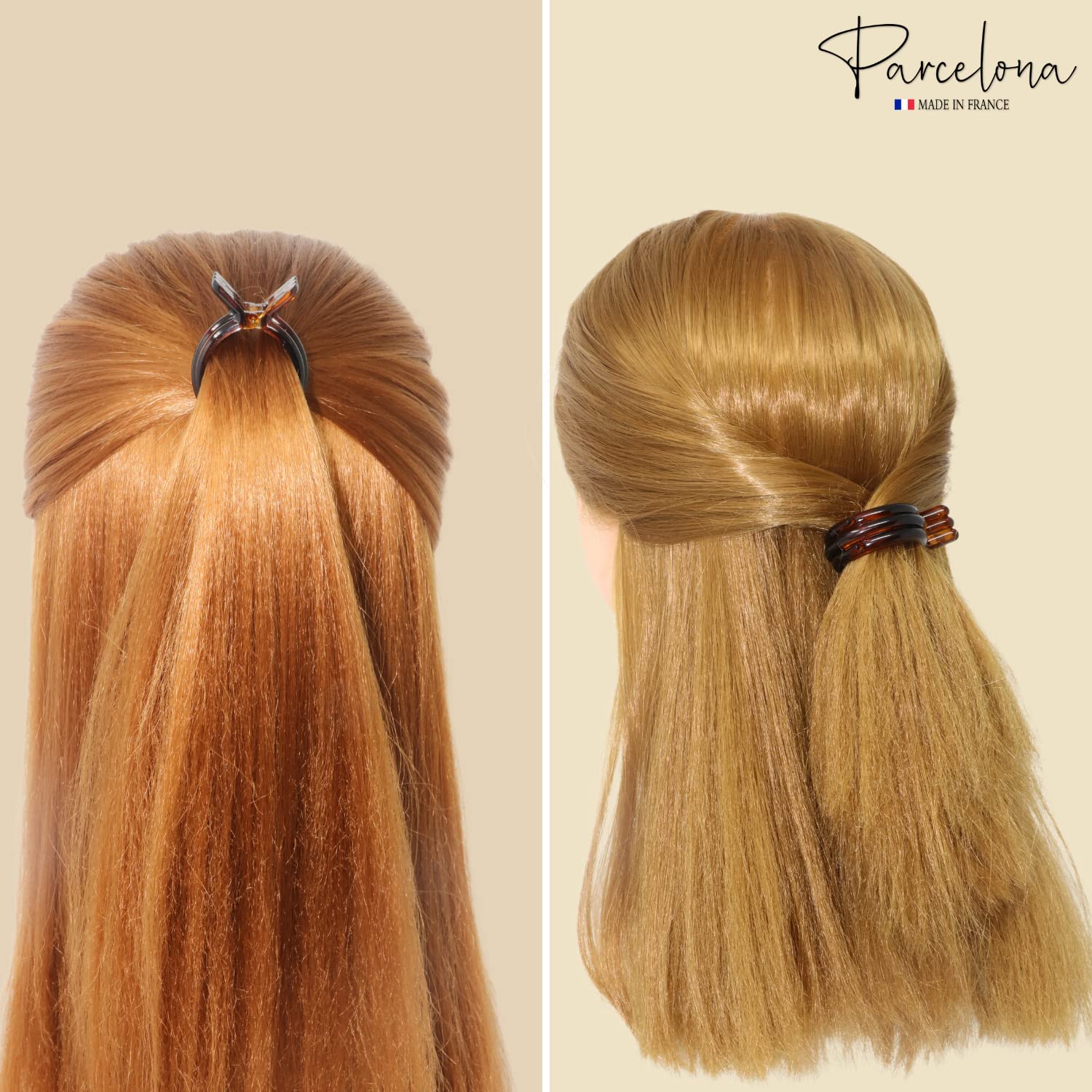 Parcelona French Round Inner Teeth Brown Shell and Black 3/4 Cellulose Made in France Strong Grip Set of 2 Pony Ties Piranha Fish Hair Clips for Women and Girls