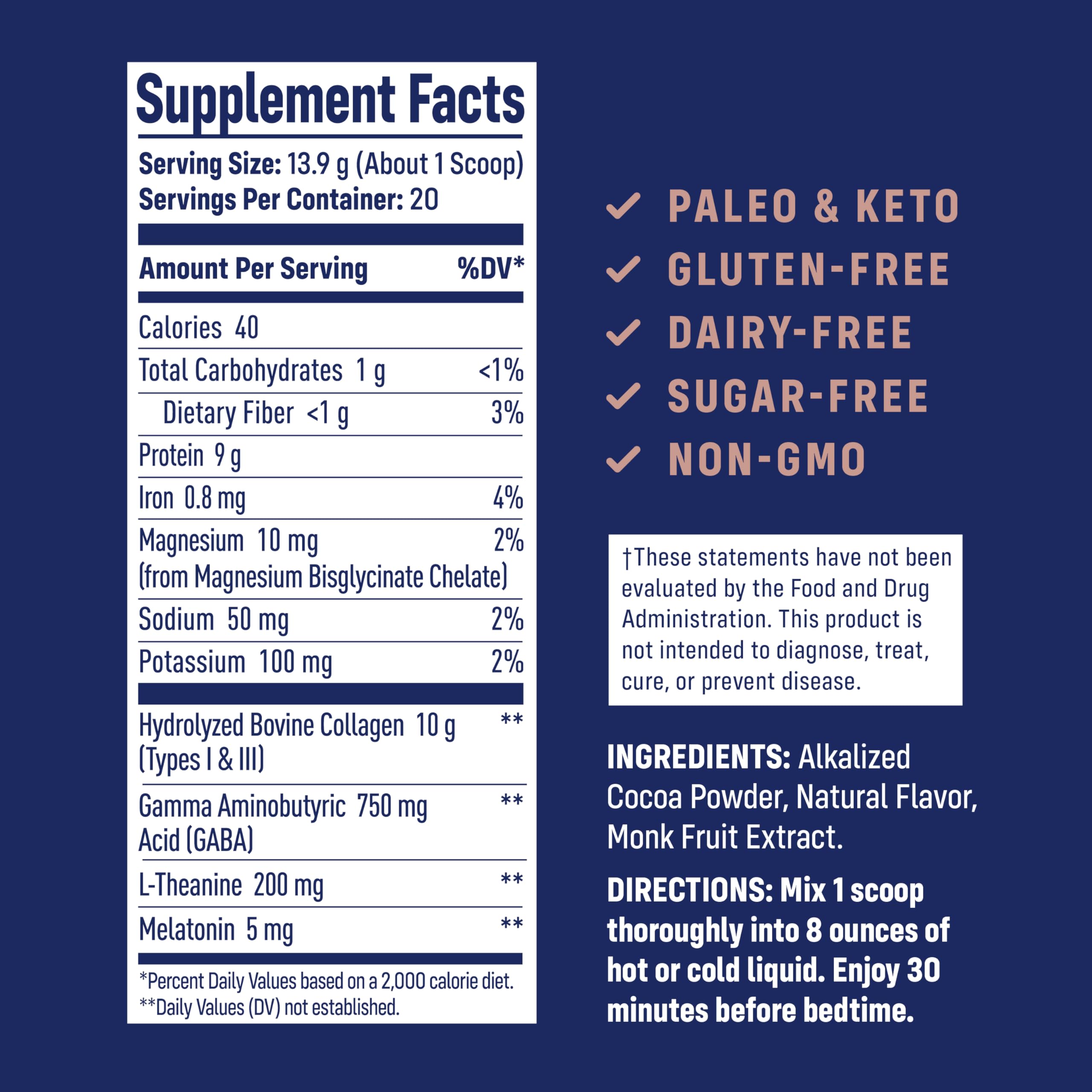 NativePath Collagen PM - Chocolate Nighttime Collagen Peptides Powder with Magnesium, GABA, L-Theanine and Melatonin - 20 Servings