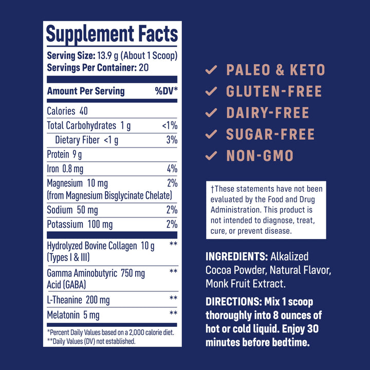 NativePath Collagen PM - Chocolate Nighttime Collagen Peptides Powder with Magnesium, GABA, L-Theanine and Melatonin - 20 Servings