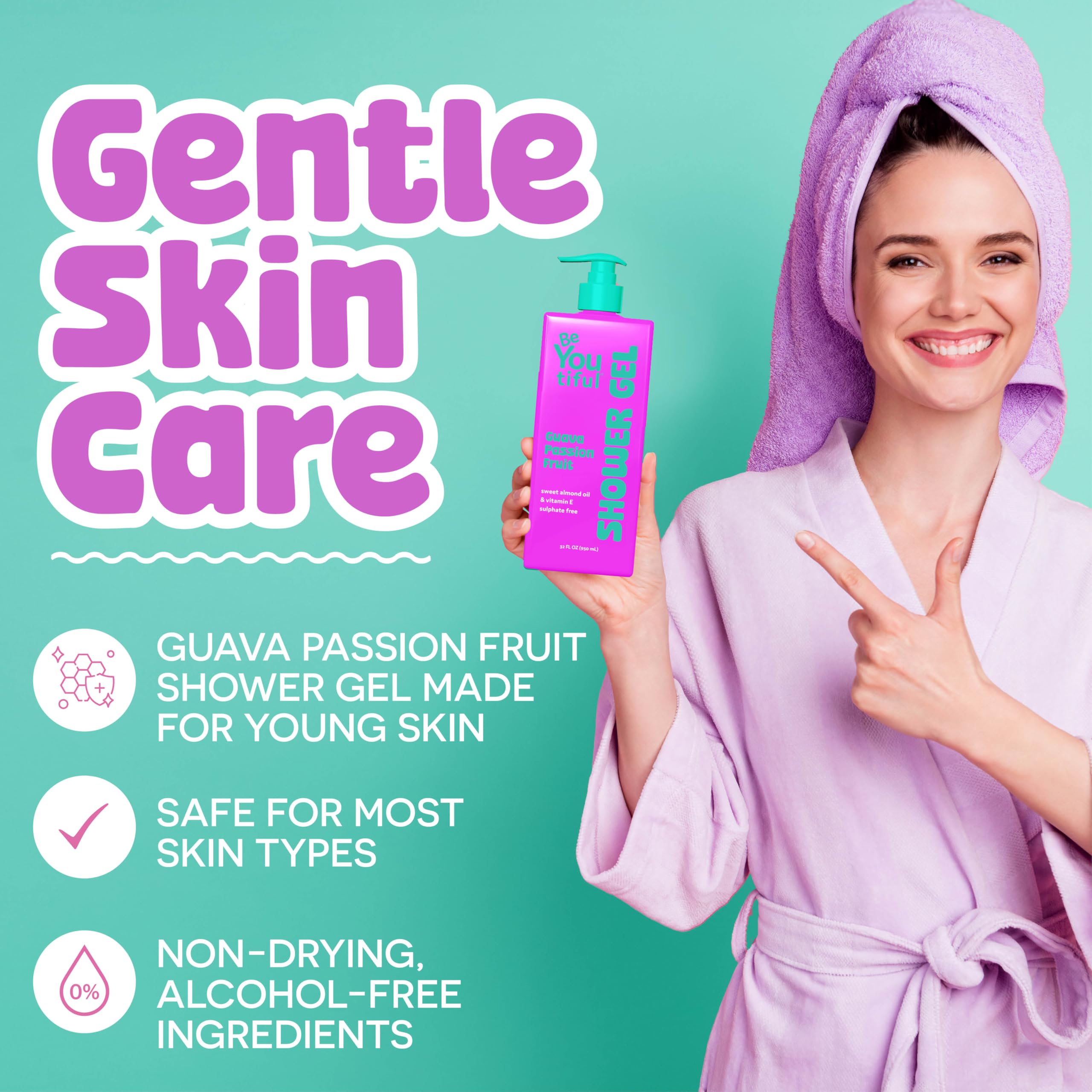 BeYoutiful Natural Hydrating Body Wash for Kids & Teens, Guava Passion Fruit Exfoliating Gel, Cruelty-Free Acne-Prone Sensitive Skin Care, 32 oz