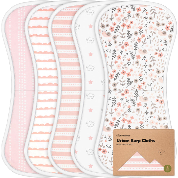 Organic Burp Cloths Baby Boy & Girl - 5-Pack Super Absorbent Cotton Burping Cloths for Babies, Soft & Plush Newborn Spit Up Rags, Infant Towels for Milk Spit Up, Unisex, Large 21 x 10 (Sweet Charm)