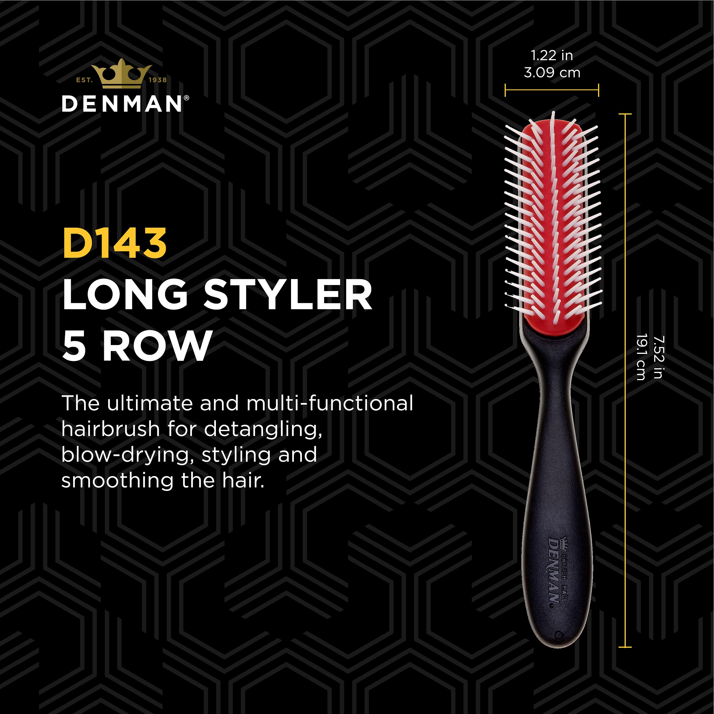 Denman Curly Hair Brush D143 - 5 Row Styling Mini Brush With Long Handle for Detangling, Separating, Shaping and Defining Curls and Smoothing Hair- For Women and Men
