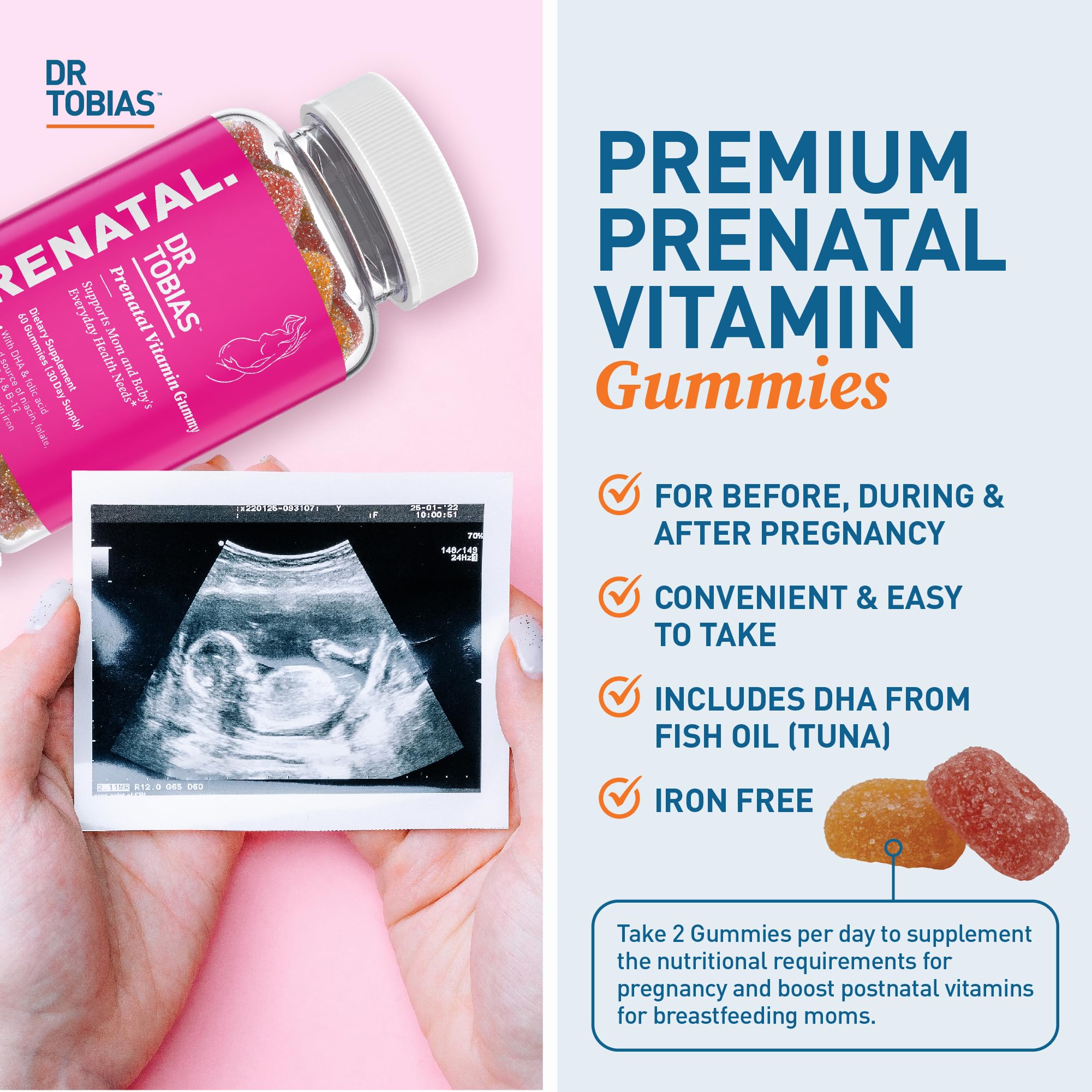 Dr. Tobias Prenatal Vitamin Gummy, Iron Free Prenatal Vitamins with DHA and Folic Acid, Niacin, Biotin, B6, & B12, Includes Fish Oil, for Pre & Postnatal Support, 60 Gummies, 30 Servings