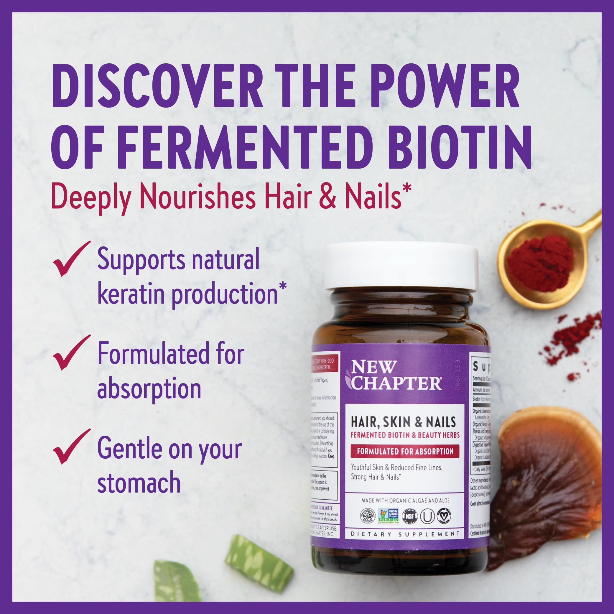 New Chapter Biotin Supplement, Vegan Hair Skin and Nails Vitamins with Fermented Biotin + Astaxanthin - 60 Count