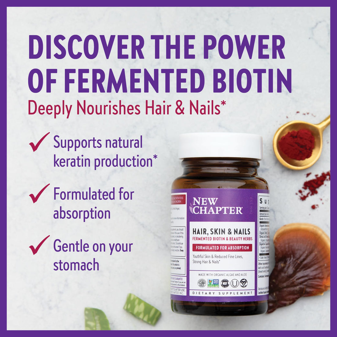 New Chapter Biotin Supplement, Vegan Hair Skin and Nails Vitamins with Fermented Biotin + Astaxanthin - 60 Count