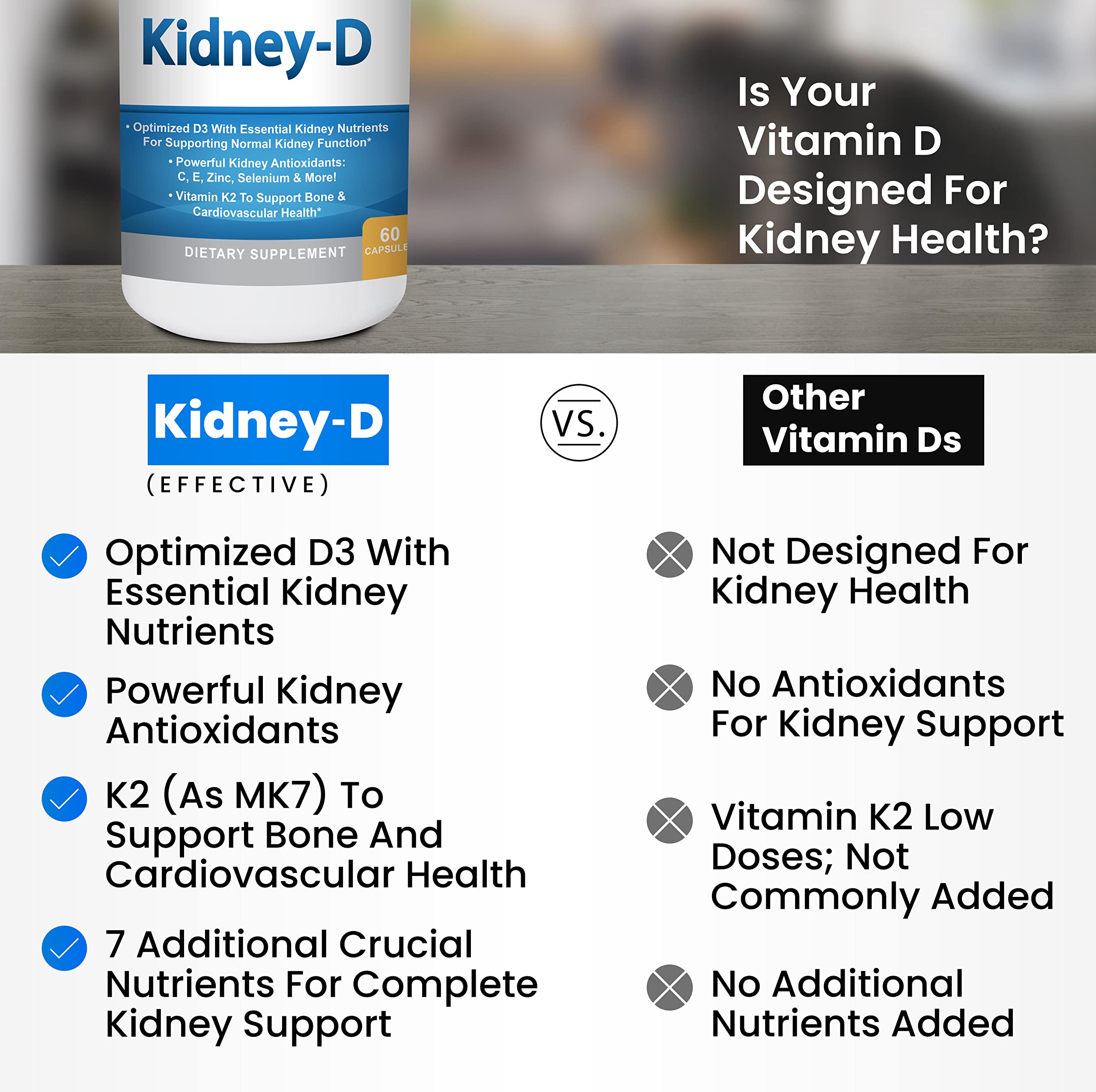 Kidney Restore & Kidney-D 2-Pack Capsules for Kidney Support with Optimized Vitamin D Antioxidants, Kidney Probiotics, Sodium Bicarbonate for Kidney Cleansing