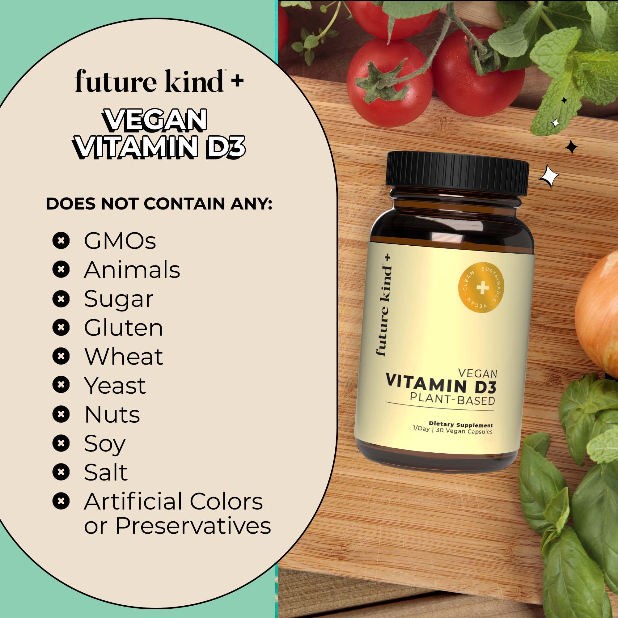Future Kind Vegan Vitamin D3-2500 IU Plant-Based Supplement for Cell & Immune Support - Sugar-Free, Lichen-Based Vitamin D (30 Softgels in Glass Bottle)