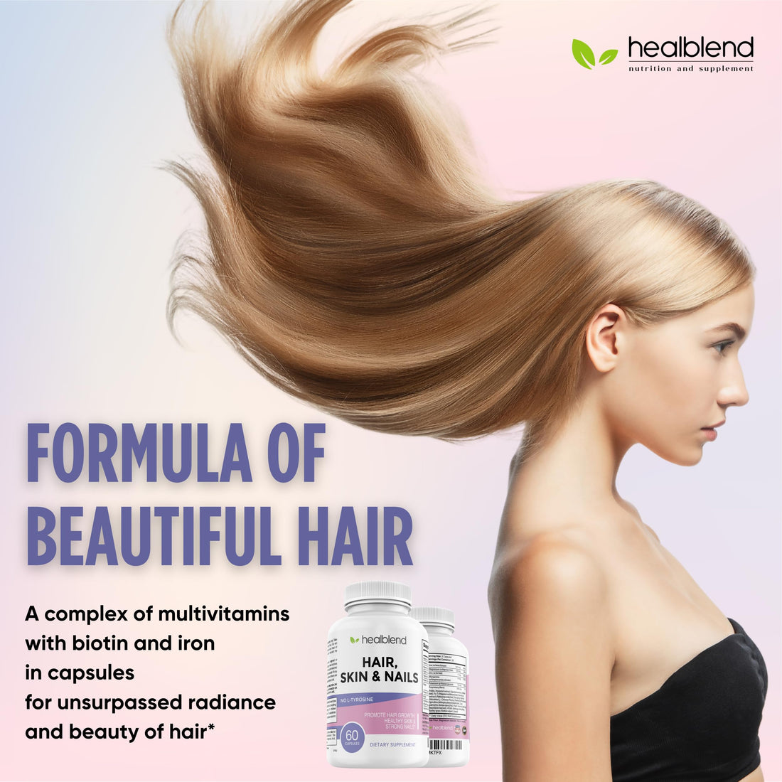 healblend Hair Skin and Nails Vitamins for Women with Biotin 5000 mcg, Iron and Manganese | Vegan, Non-GMO | 60 Capsules