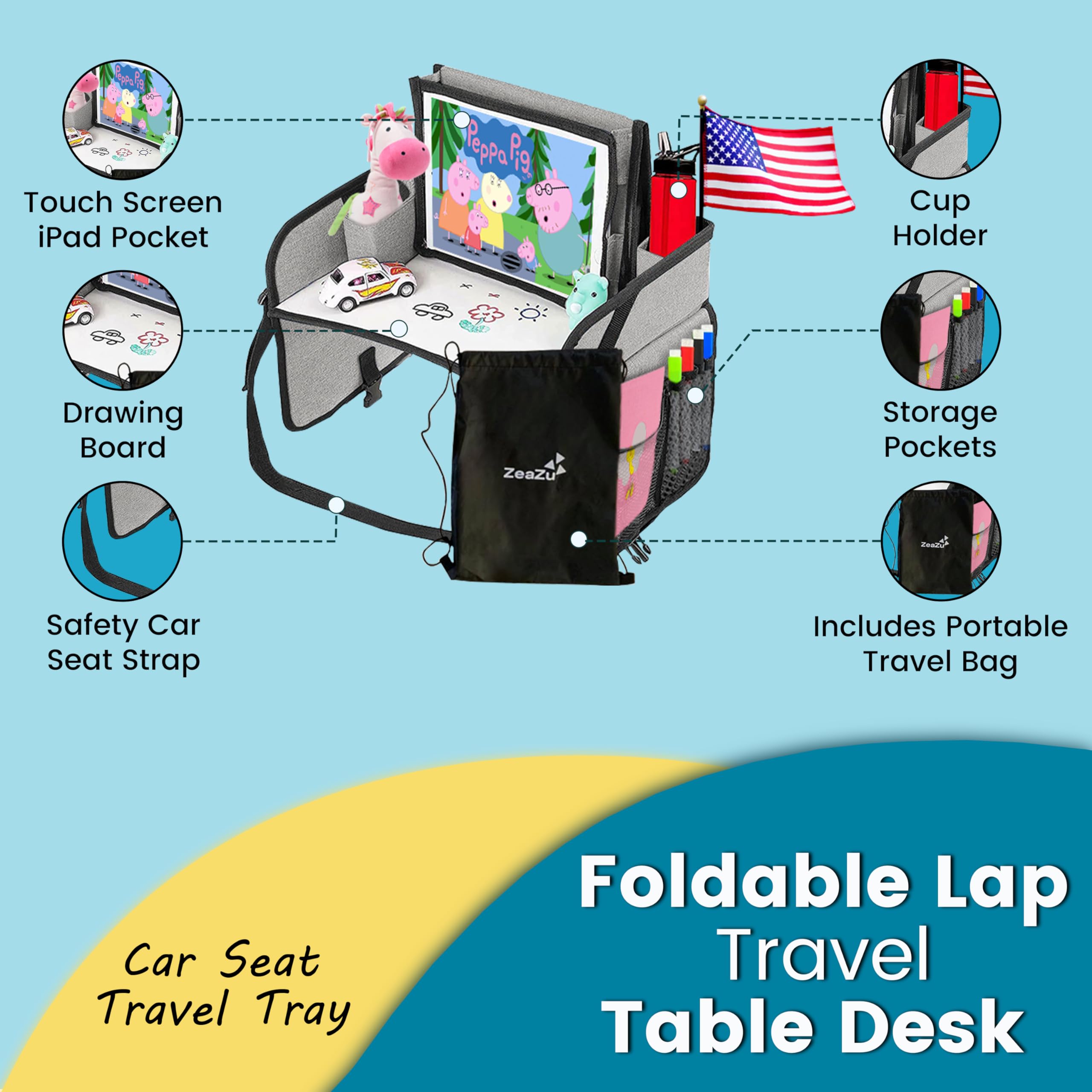 ZEAZU Kids Travel Tray - Foldable Toddler Lap Desk with Dry Erase Board, Car Seat Tray for Toddler, Waterproof Lap Tray for Airplane Kids Travel Essentials for Road Trip Activities, Silver