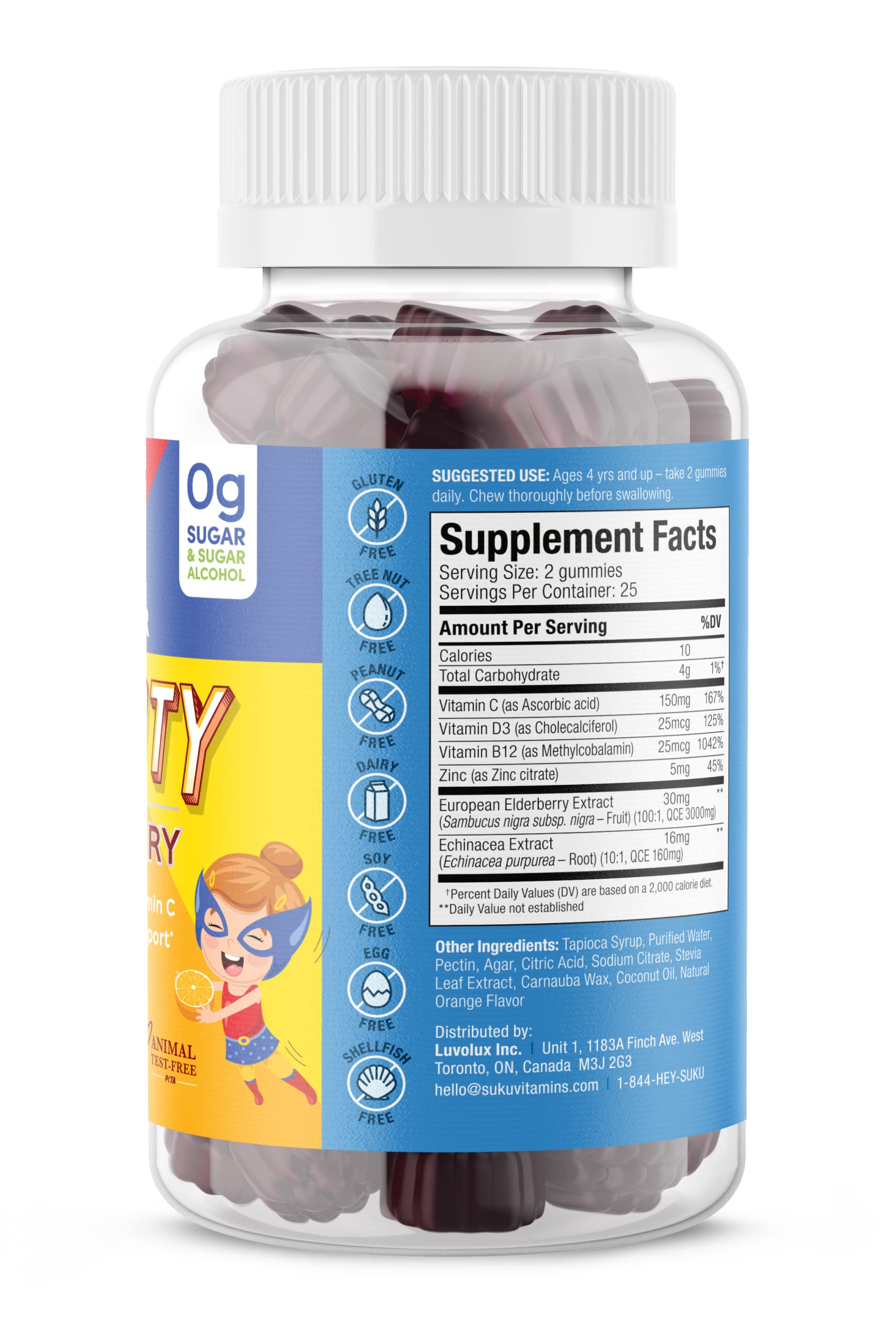 SUKU Vitamins - Kids Super Immunity - Elderberry, Echinacea, Vitamin A and Zinc Gummies for Immune Support - Easy to Chew - Non GMO, Gluten Sugar Free - Pomegranate Lime Gummy Vitamins, 50 Count