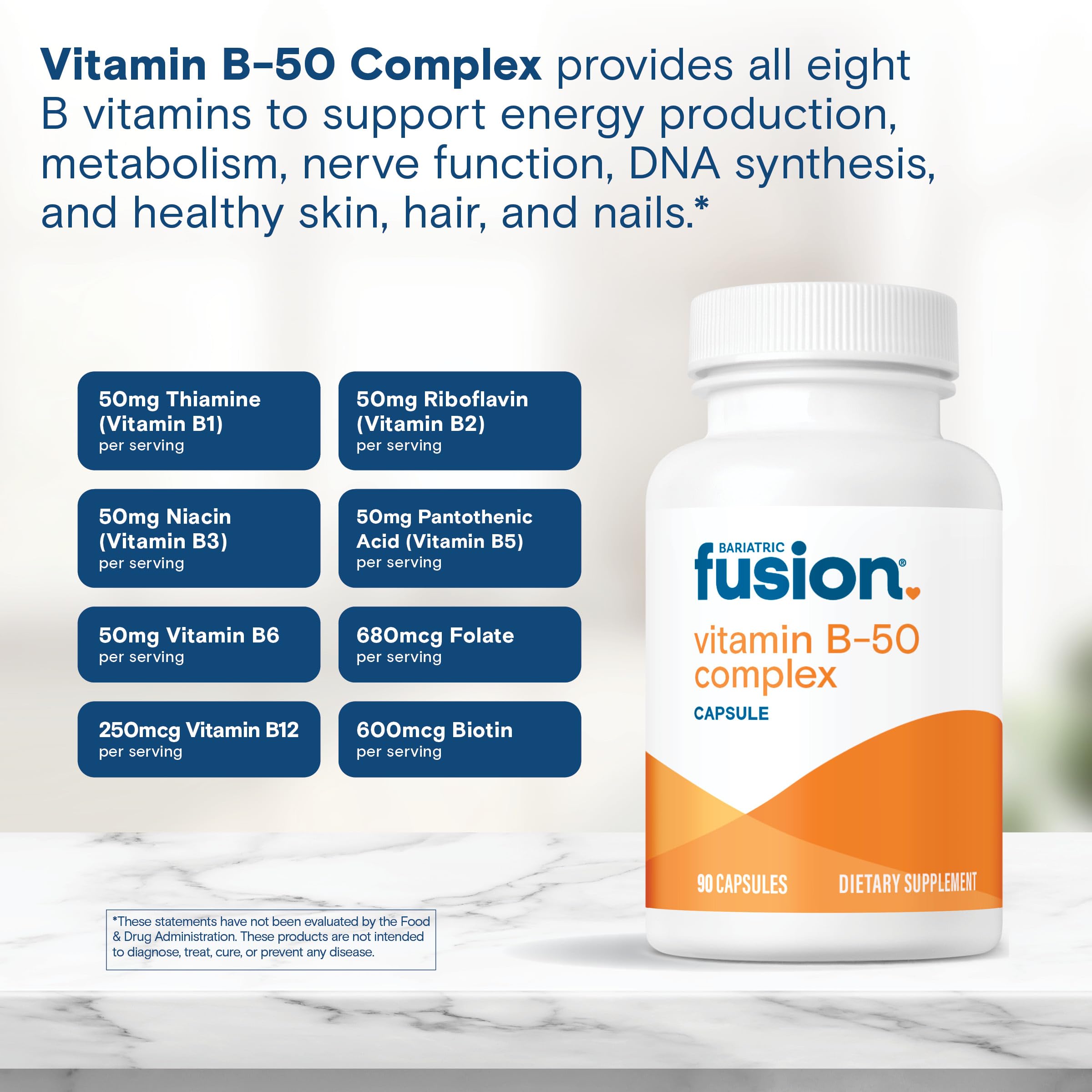 Bariatric Fusion Vitamin B-50 Complex | Vegan B Complex Vitamins for Women and Men | Easy to Swallow Vitamin B Complex Capsule | 8 B Vitamins Including Vitamin B12 | 90 Count | 3 Month Supply
