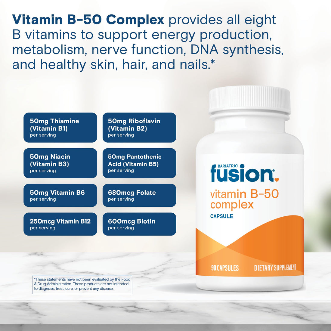 Bariatric Fusion Vitamin B-50 Complex | Vegan B Complex Vitamins for Women and Men | Easy to Swallow Vitamin B Complex Capsule | 8 B Vitamins Including Vitamin B12 | 90 Count | 3 Month Supply