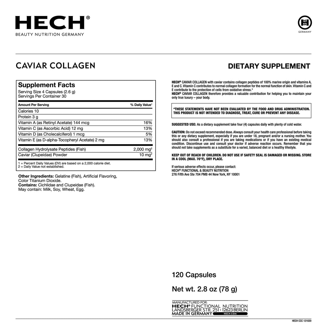 HECH Caviar Collagen Capsules - Beauty Supplement with 2,000 mg Marine Collagen Peptides, Caviar Extract and Vitamin Complex