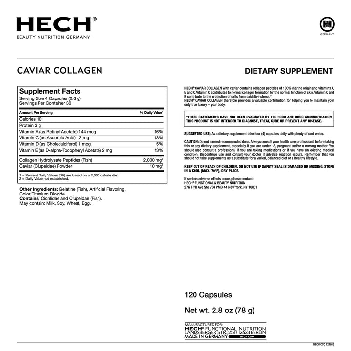 HECH Caviar Collagen Capsules - Beauty Supplement with 2,000 mg Marine Collagen Peptides, Caviar Extract and Vitamin Complex