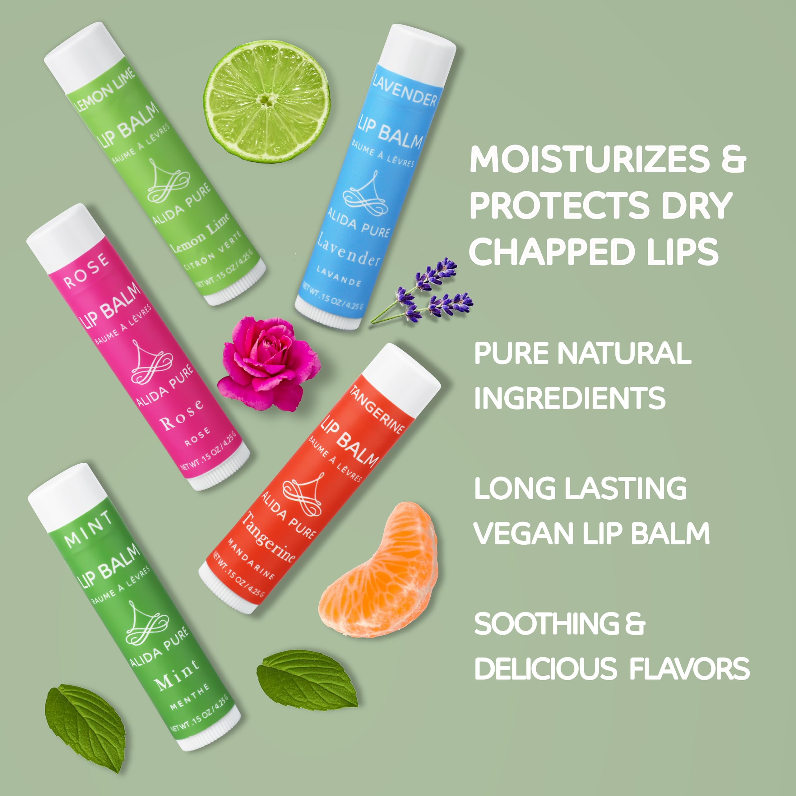 PURE + SIMPLE ARIA LIP BALM COLLECTION, VEGAN, SET OF 5 TUBES KEY LIME, LAVENDER, ROSE, PEPPERMINT, TUSCAN ORANGE, AVOCADO OIL, JOJOBA OIL, SOOTHES AND HEALS.