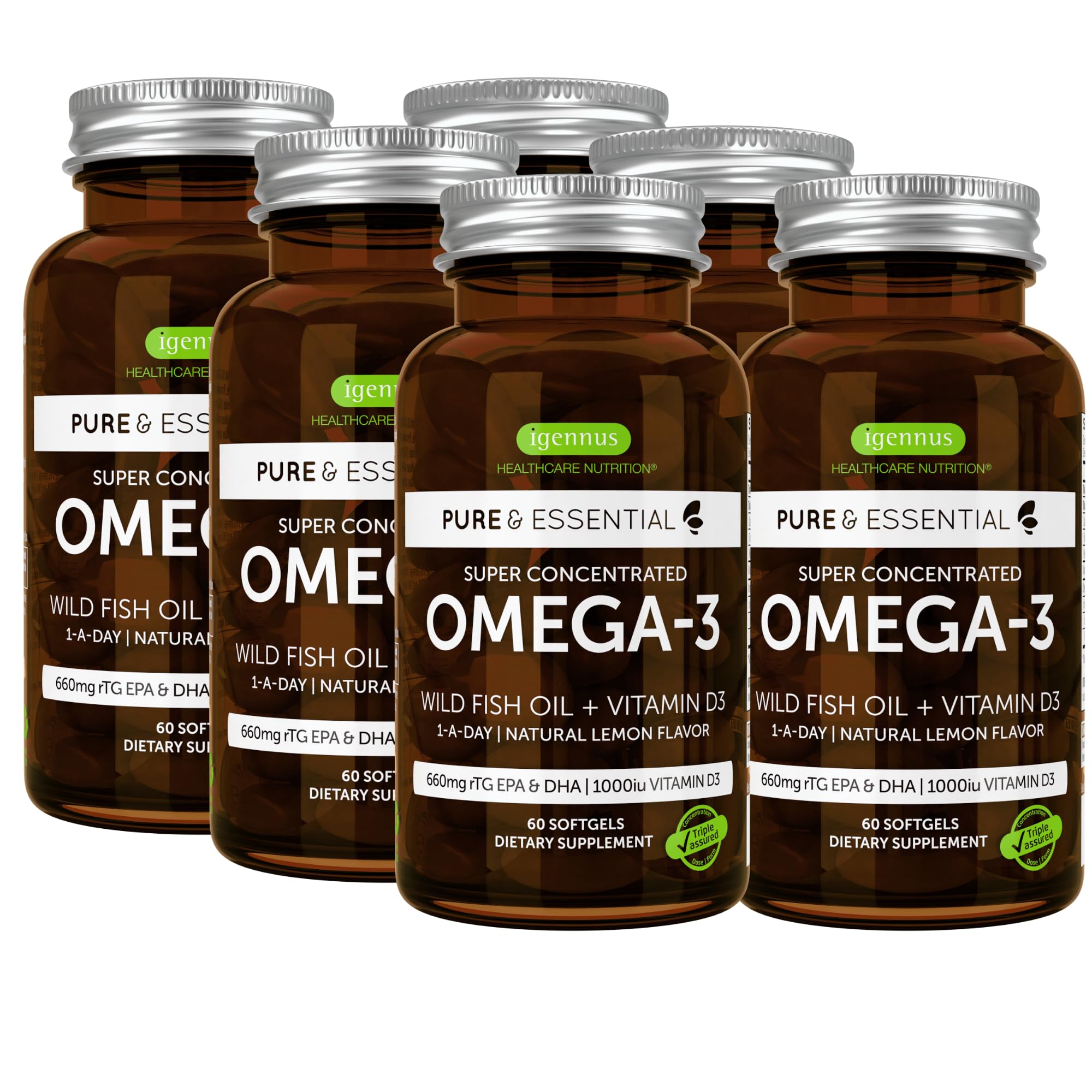 Igennus Advanced Omega-3 Wild Fish Oil & Vitamin D3, 1-a-Day, EPA & DHA Fatty Acids, rTG Fast-Acting Triglyceride Form, Ultra Pure & Non-GMO, 360 Softgels